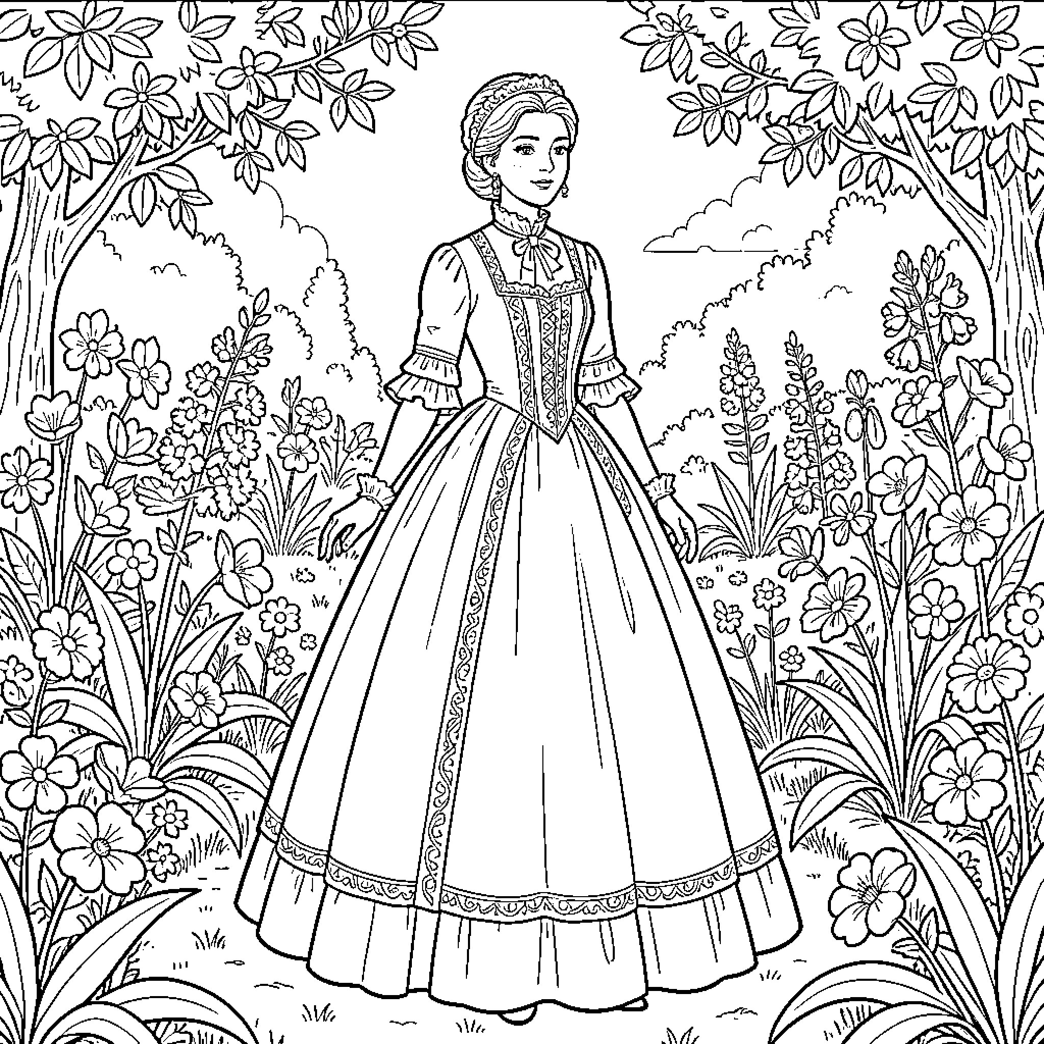 Lady in Elegant Floral Dress Surrounded by Nature Coloring Page (free black-and-white line drawing printable PDF for all, from beginners to advanced learners, including children, teens, adults, and seniors)