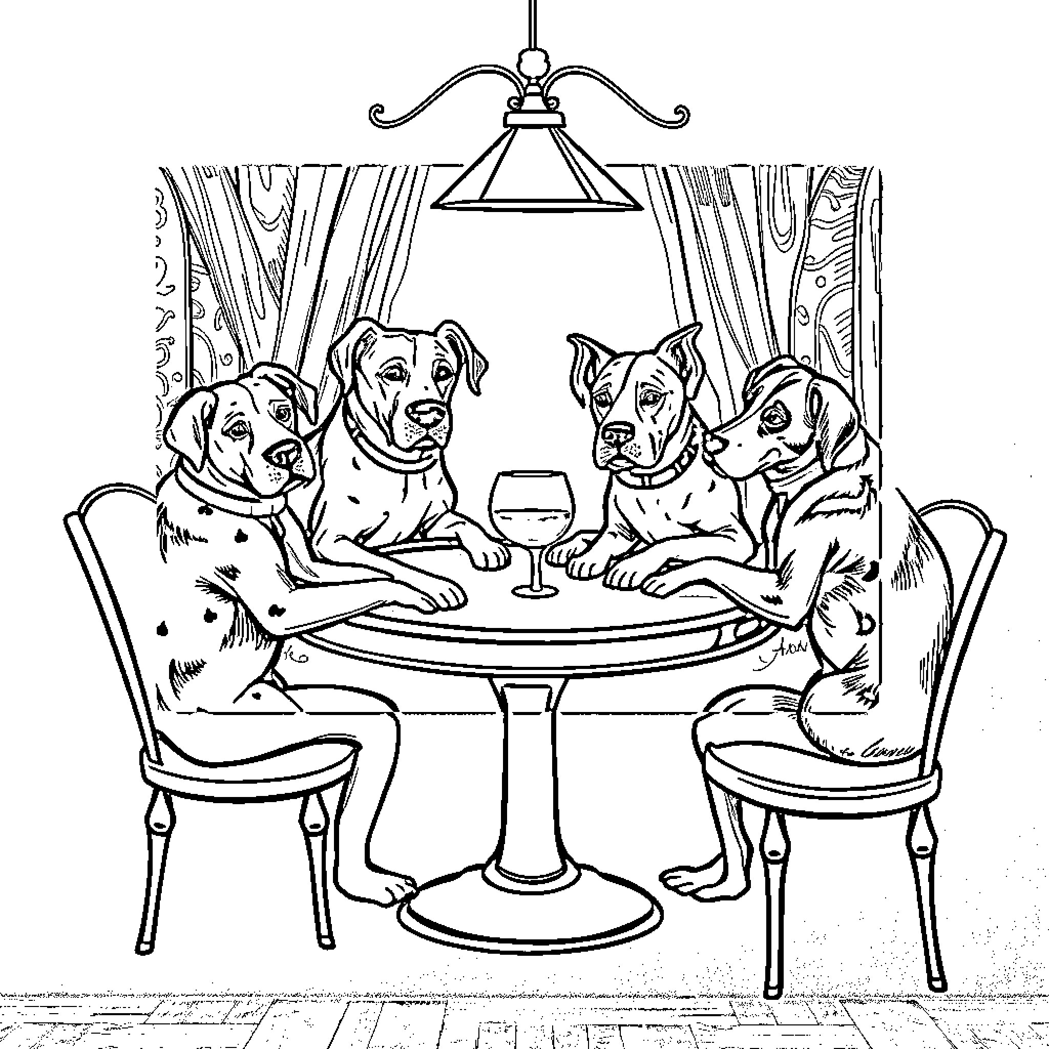 Dog friends enjoying a cozy dinner together Coloring Page (free black-and-white line drawing printable PDF for all, from beginners to advanced learners, including children, teens, adults, and seniors)