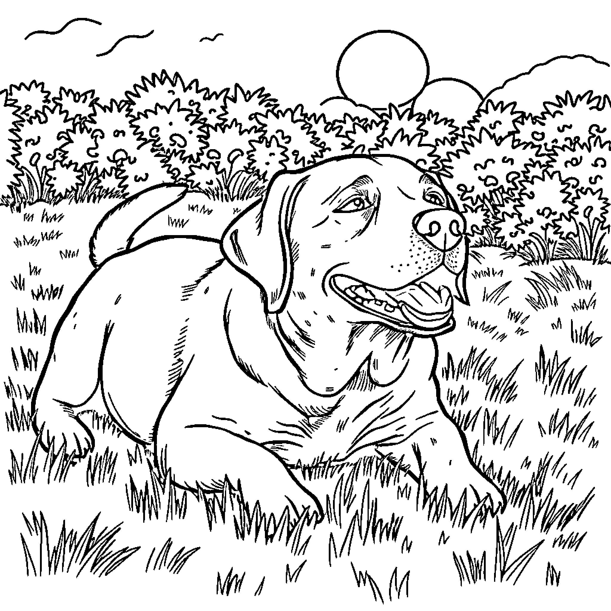 Labrador enjoying a sunny day outdoors Coloring Page (free black-and-white line drawing printable PDF for all, from beginners to advanced learners, including children, teens, adults, and seniors)