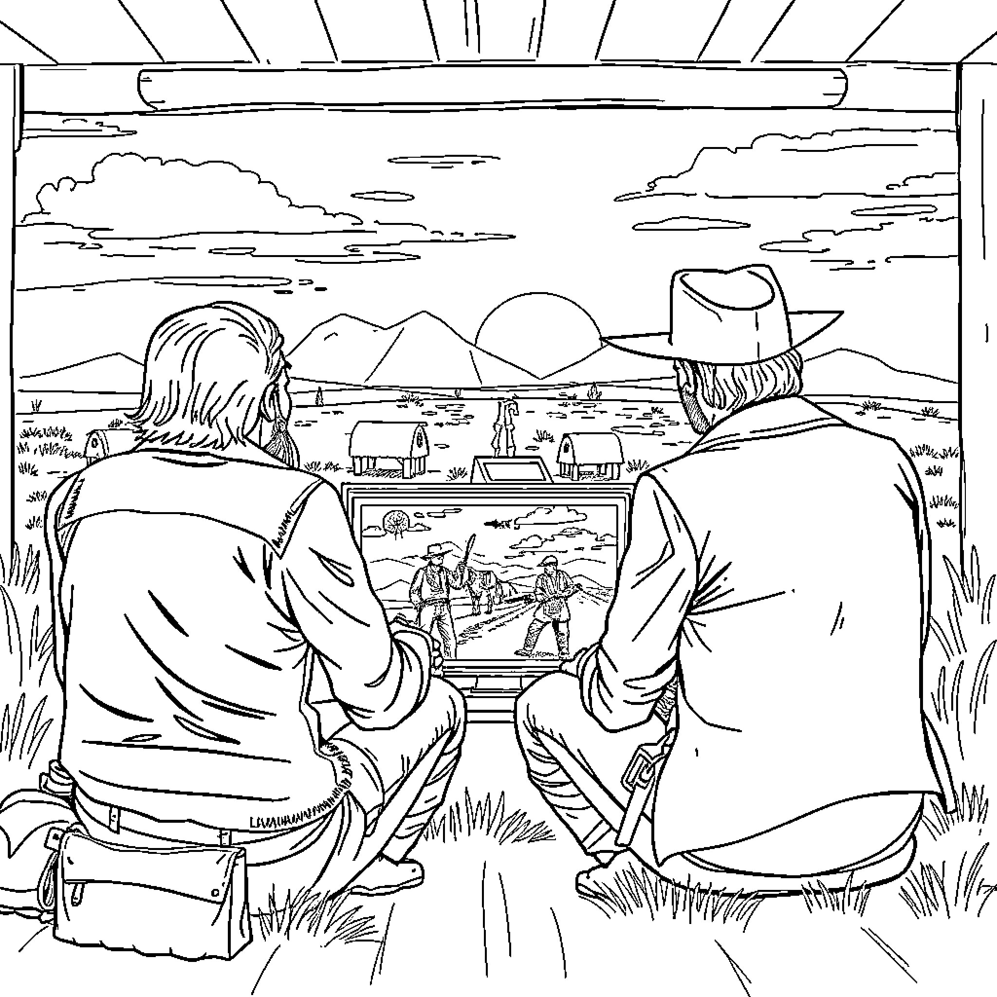 Arthur Morgan Observing Landscape Painting Coloring Page (free black-and-white line drawing printable PDF for all, from beginners to advanced learners, including children, teens, adults, and seniors)