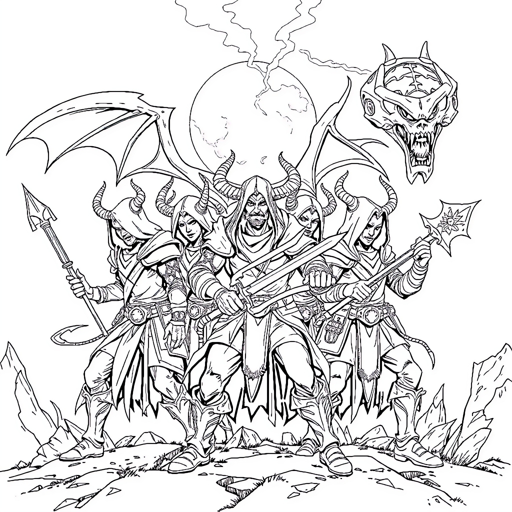 Demon Hunter Warrior Confronting Hellish Creatures Coloring Page (free black-and-white line drawing printable PDF for all, from beginners to advanced learners, including children, teens, adults, and seniors)
