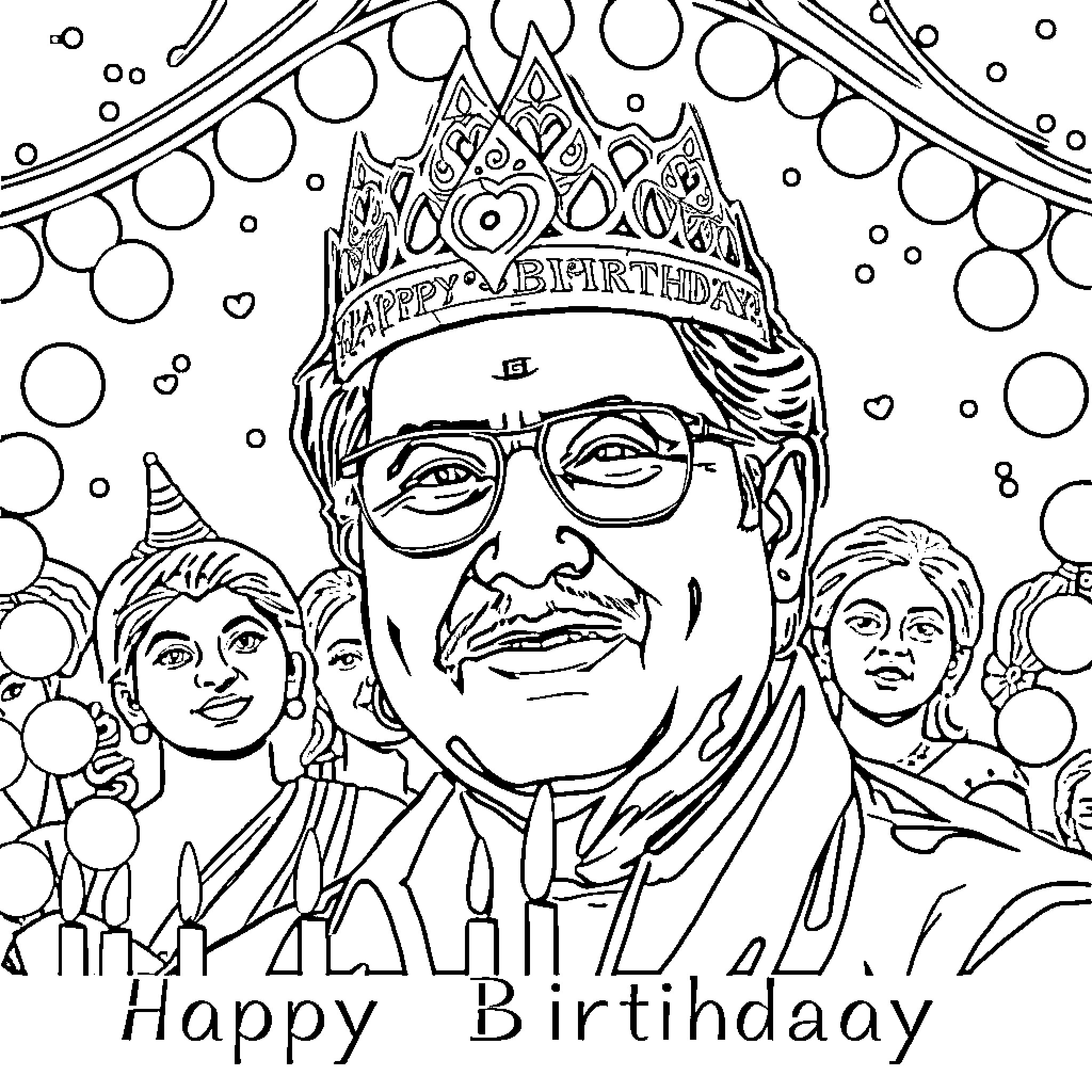 Bollywood-Inspired Birthday Celebration Coloring Page (free black-and-white line drawing printable PDF for all, from beginners to advanced learners, including children, teens, adults, and seniors)