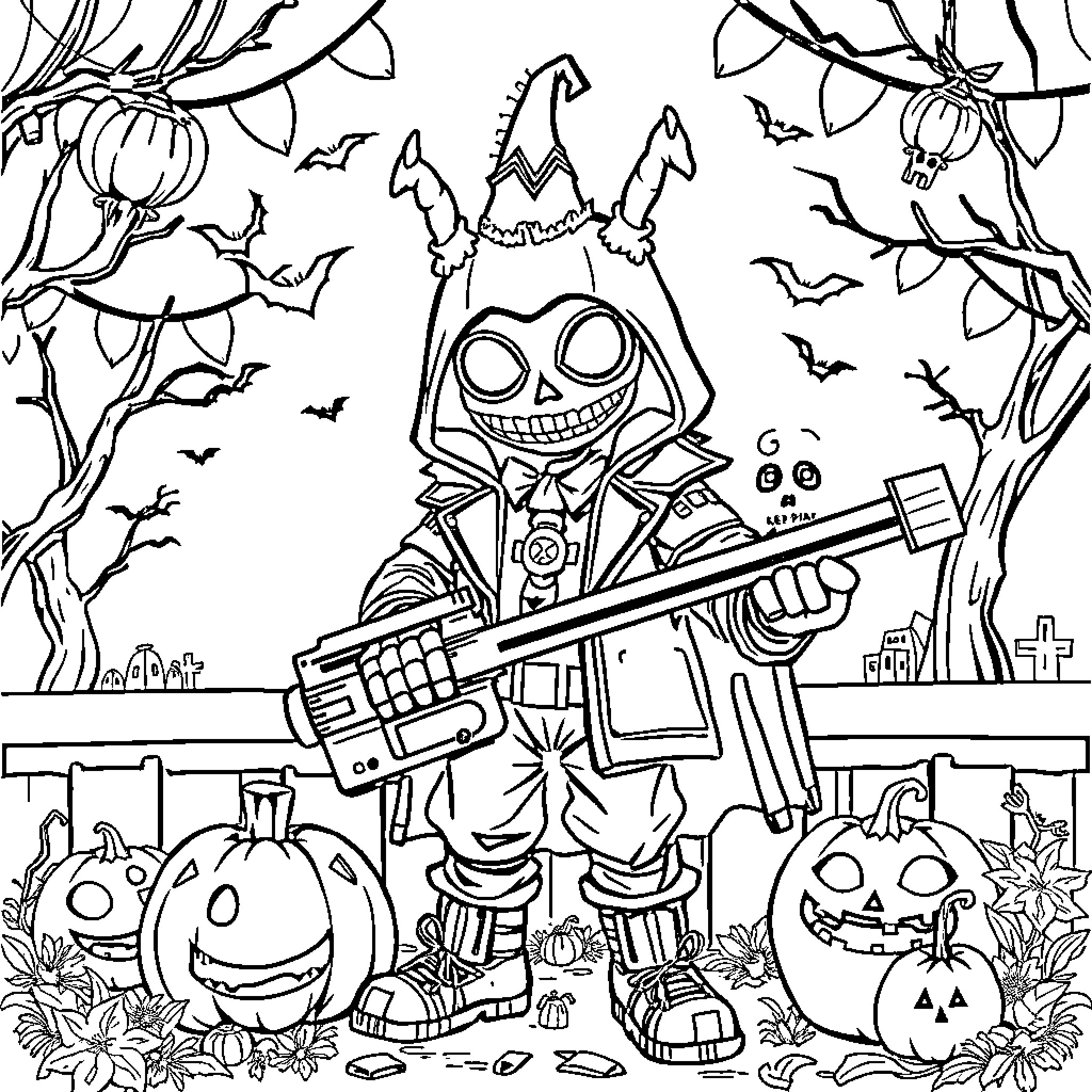 Monster Trick-or-Treating with Pumpkins and Bats Coloring Page (free black-and-white line drawing printable PDF for all, from beginners to advanced learners, including children, teens, adults, and seniors)