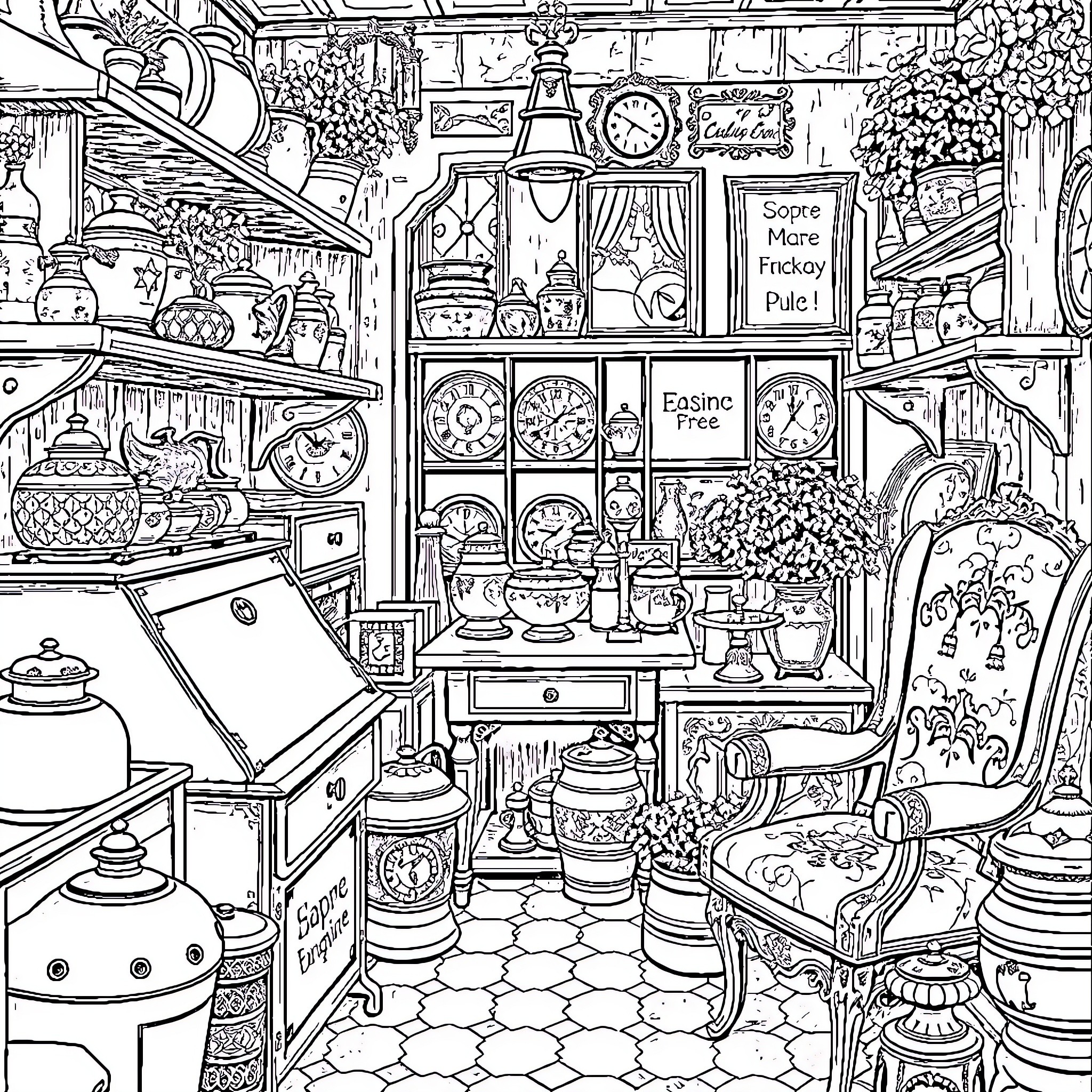 Antique Cozy Vintage Marketplace Scene Coloring Page (free black-and-white line drawing printable PDF for all, from beginners to advanced learners, including children, teens, adults, and seniors)