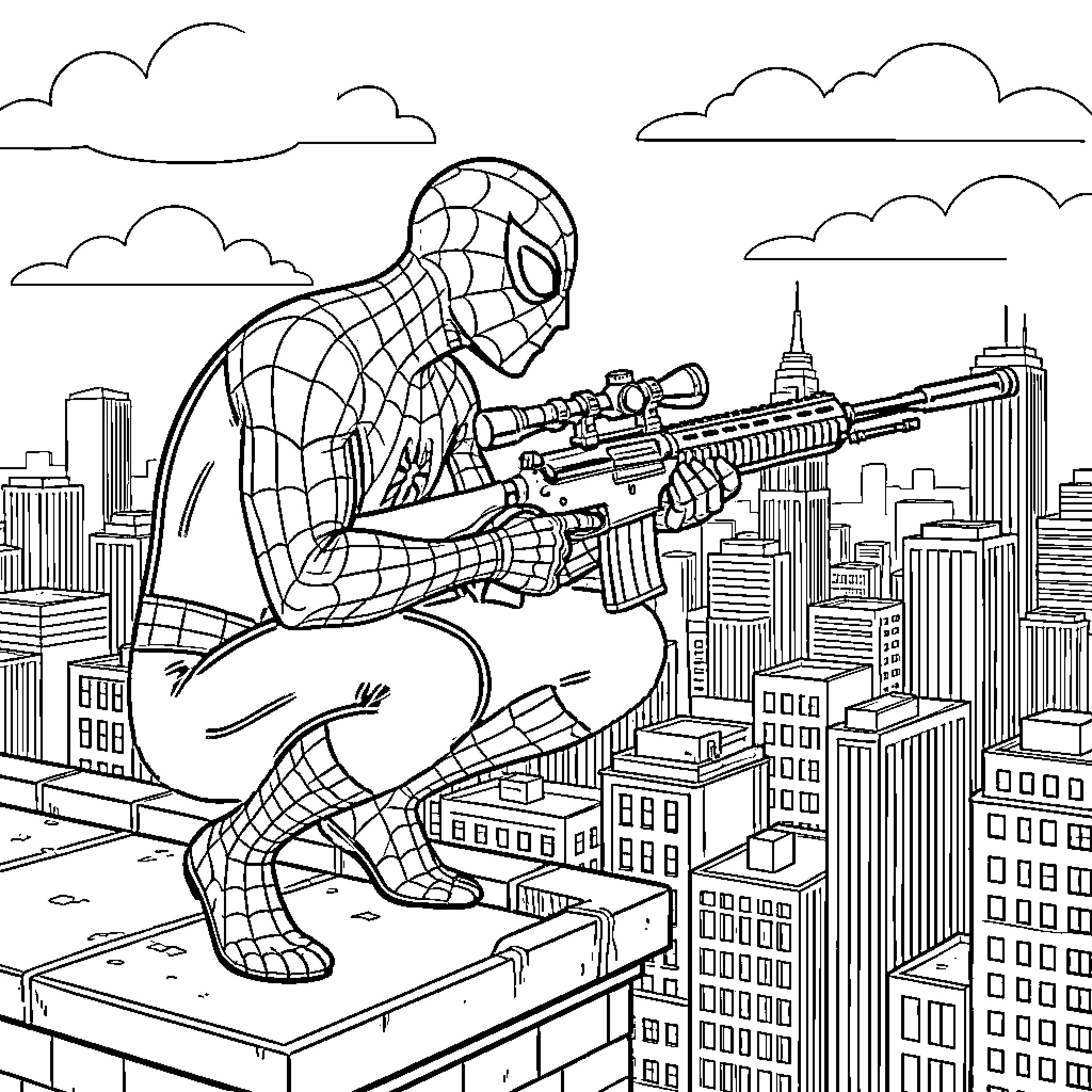 Spiderman surveying the city from above with a high-powered weapon Coloring Page (free black-and-white line drawing printable PDF for all, from beginners to advanced learners, including children, teens, adults, and seniors)
