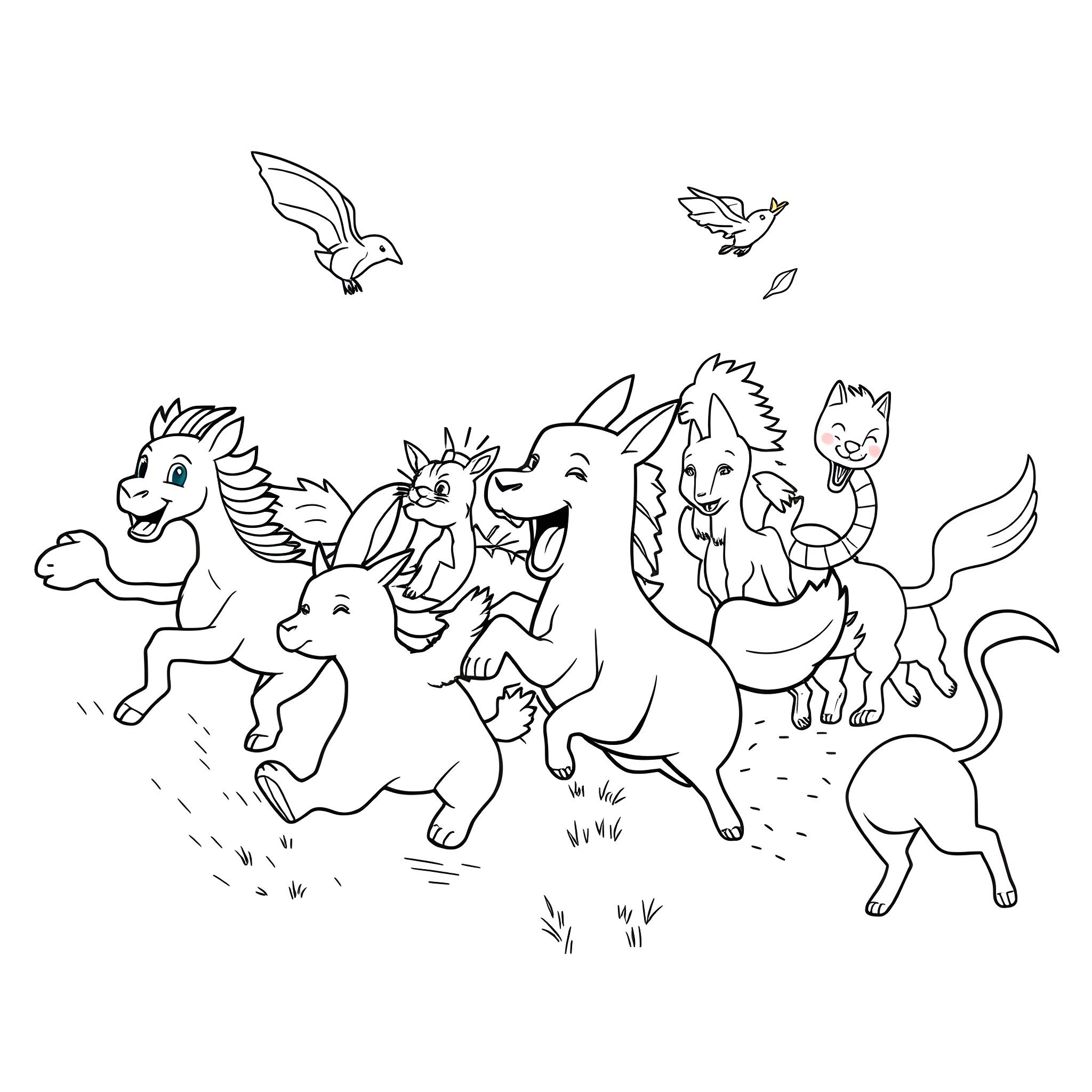 Animal friends playing together in the field Coloring Page (free black-and-white line drawing printable PDF for all, from beginners to advanced learners, including children, teens, adults, and seniors)