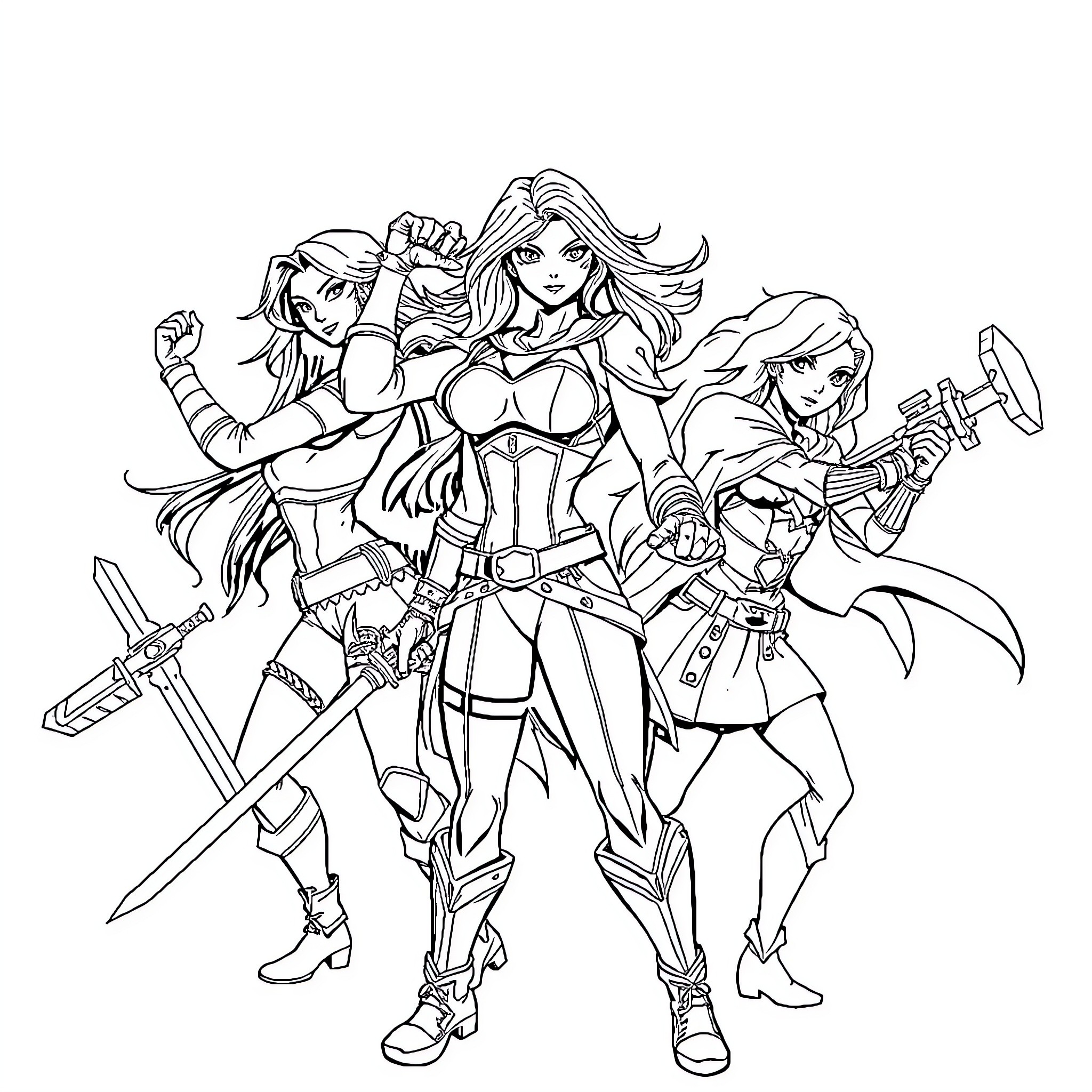 Hero Team in Battle Readiness Coloring Page (free black-and-white line drawing printable PDF for all, from beginners to advanced learners, including children, teens, adults, and seniors)