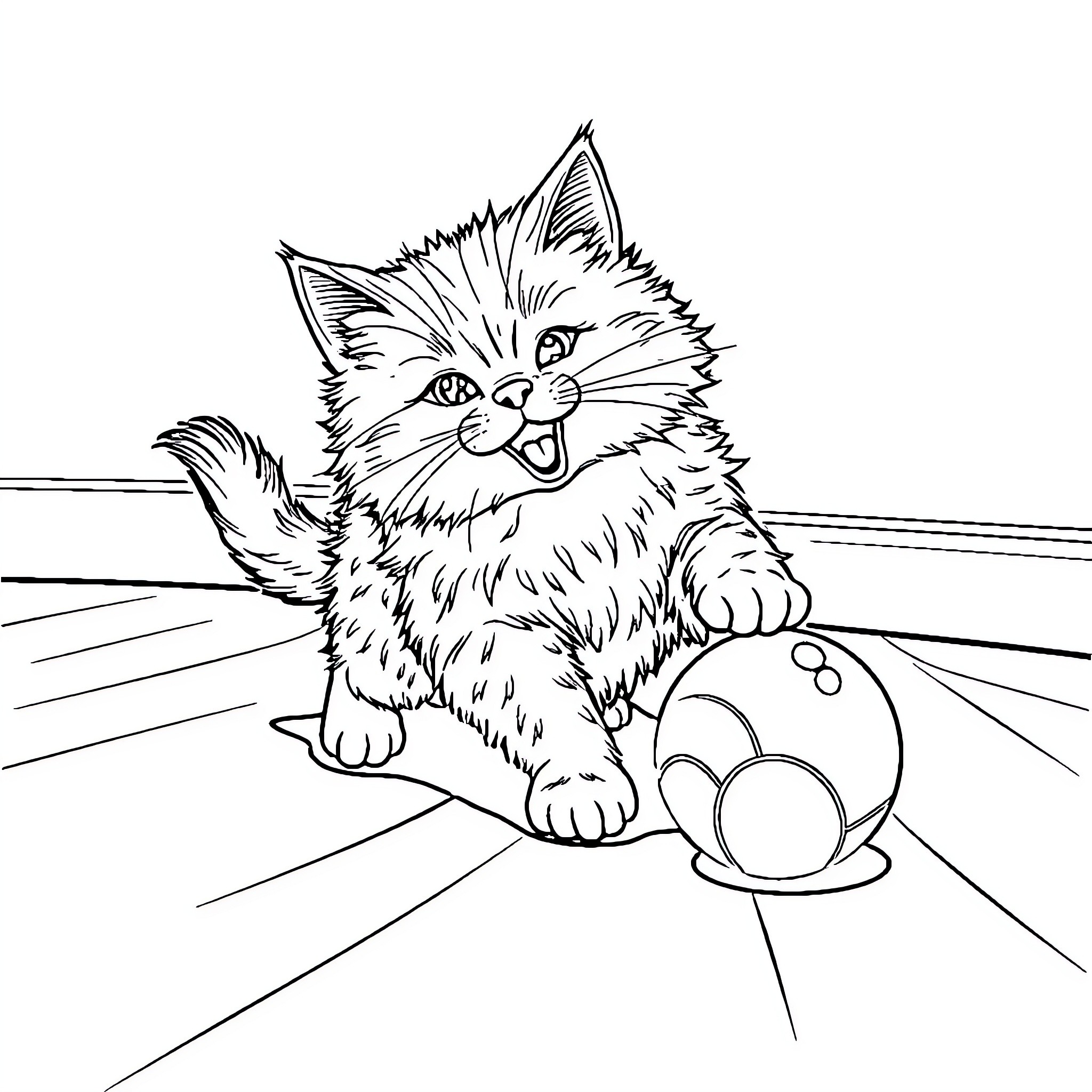 Cat playing with ball in the room Coloring Page (free black-and-white line drawing printable PDF for all, from beginners to advanced learners, including children, teens, adults, and seniors)