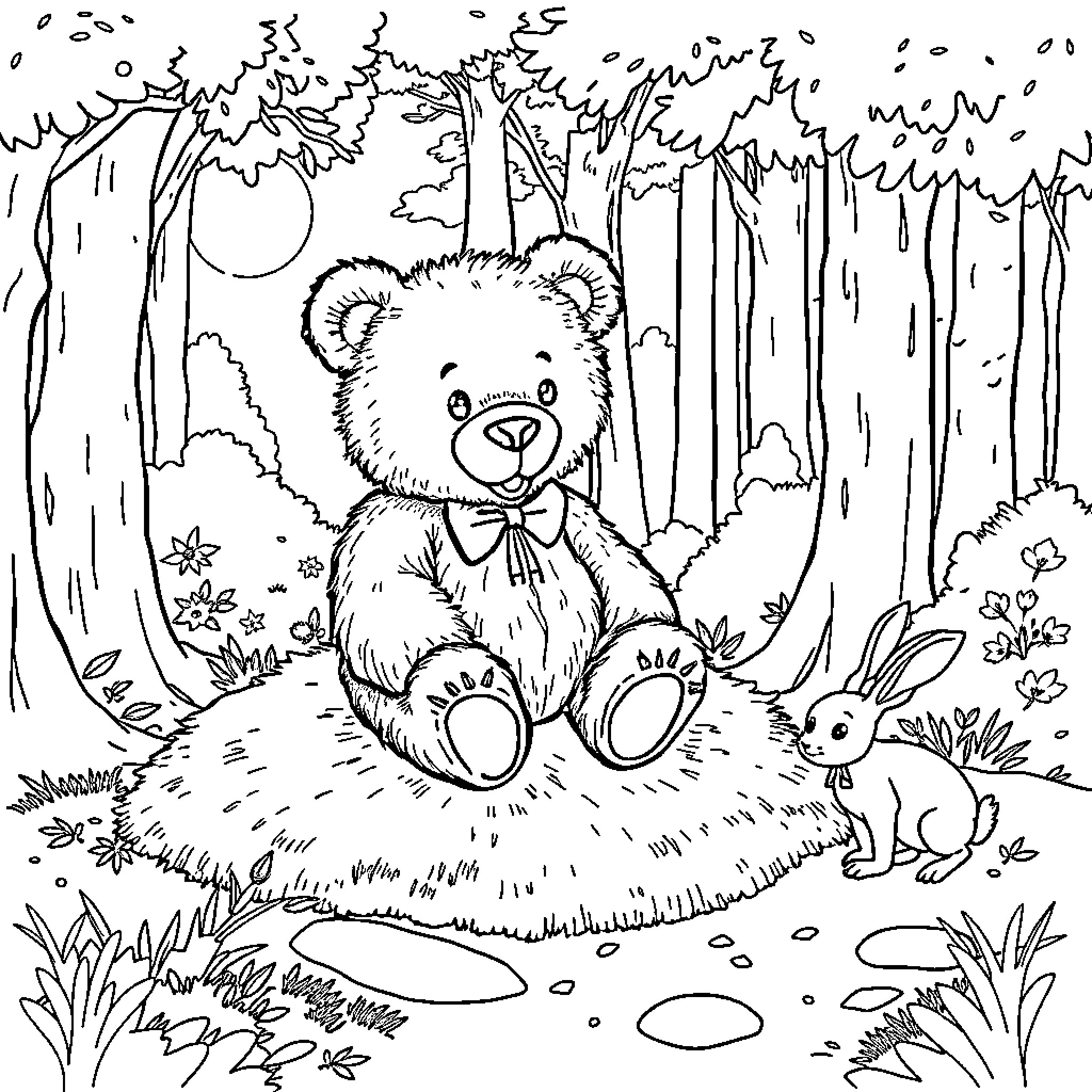 Teddy Bear Enjoying the Serene Forest Scenery Coloring Page (free black-and-white line drawing printable PDF for all, from beginners to advanced learners, including children, teens, adults, and seniors)