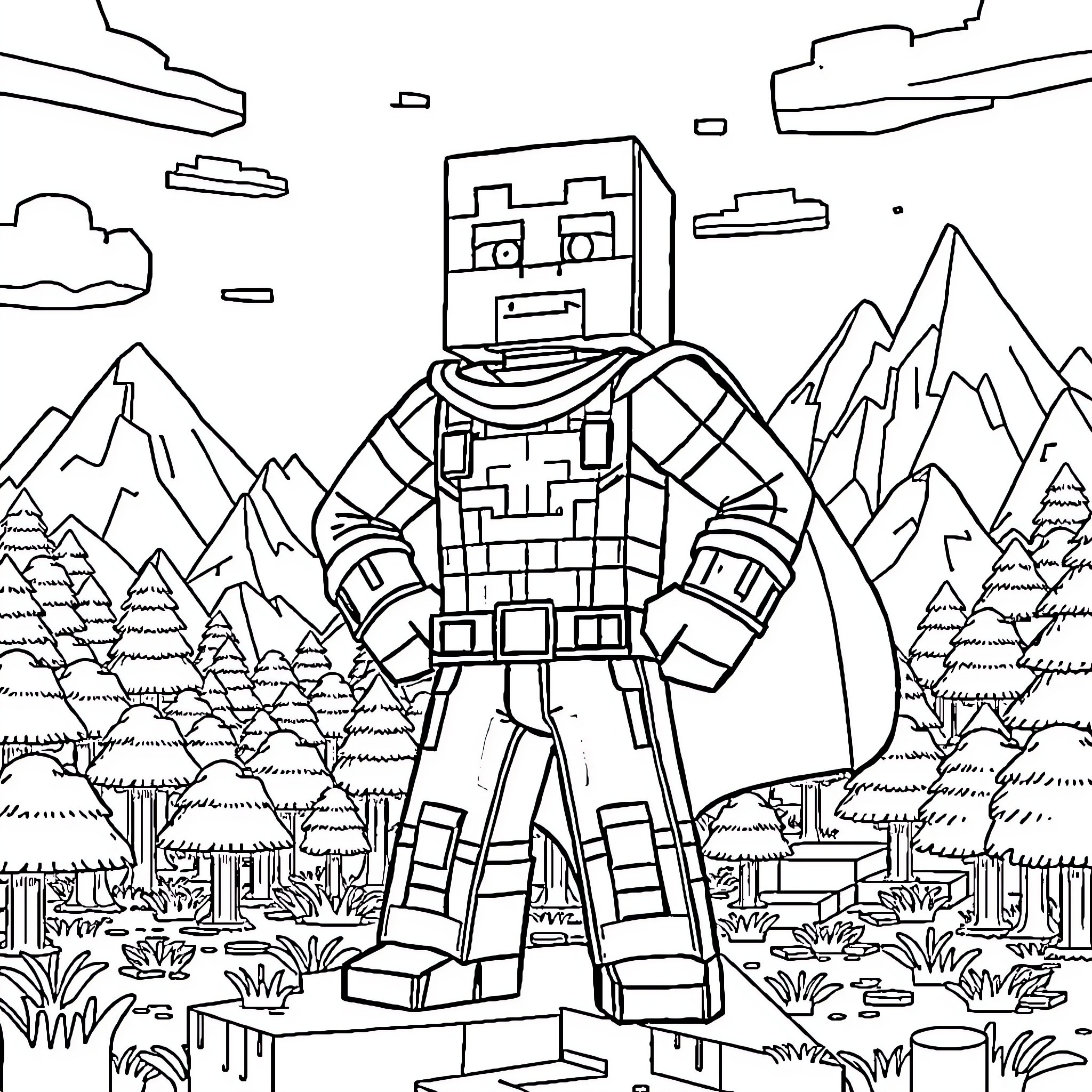 Minecraft Superhero in a Mountainous Landscape Coloring Page (free black-and-white line drawing printable PDF for all, from beginners to advanced learners, including children, teens, adults, and seniors)