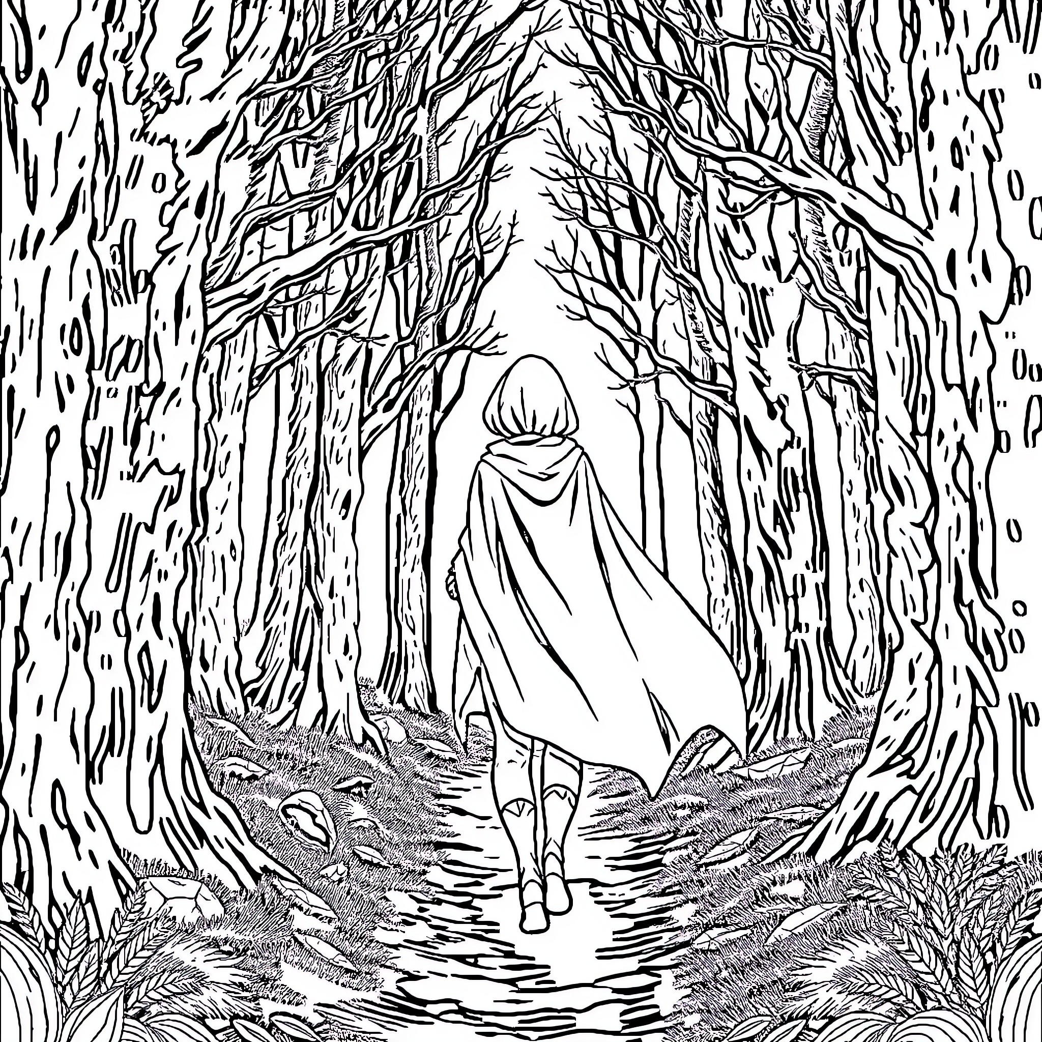 Little Red Riding Hood walking through the dark forest Coloring Page (free black-and-white line drawing printable PDF for all, from beginners to advanced learners, including children, teens, adults, and seniors)