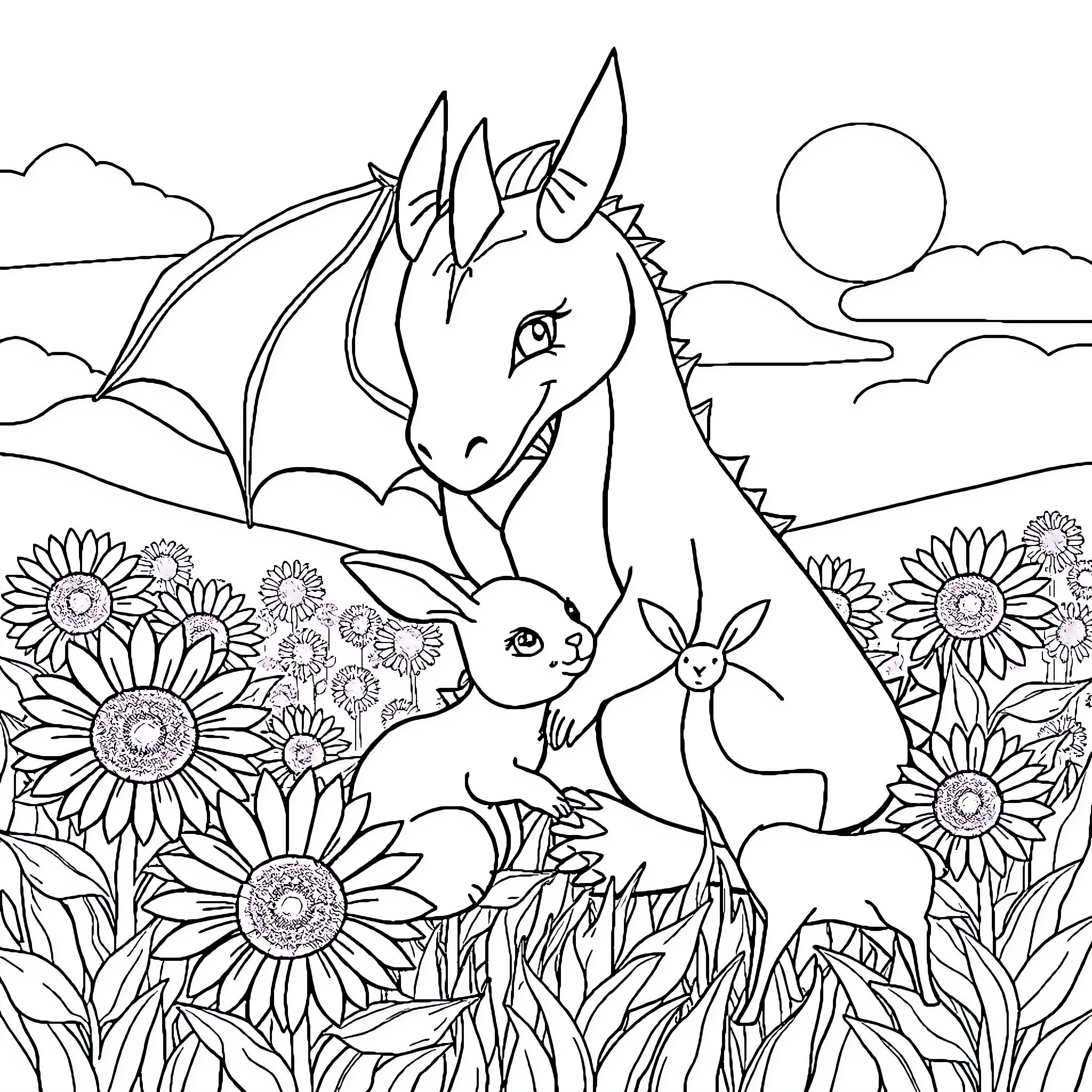 Dragon and Mythical Creatures in Enchanted Meadow Coloring Page (free black-and-white line drawing printable PDF for all, from beginners to advanced learners, including children, teens, adults, and seniors)