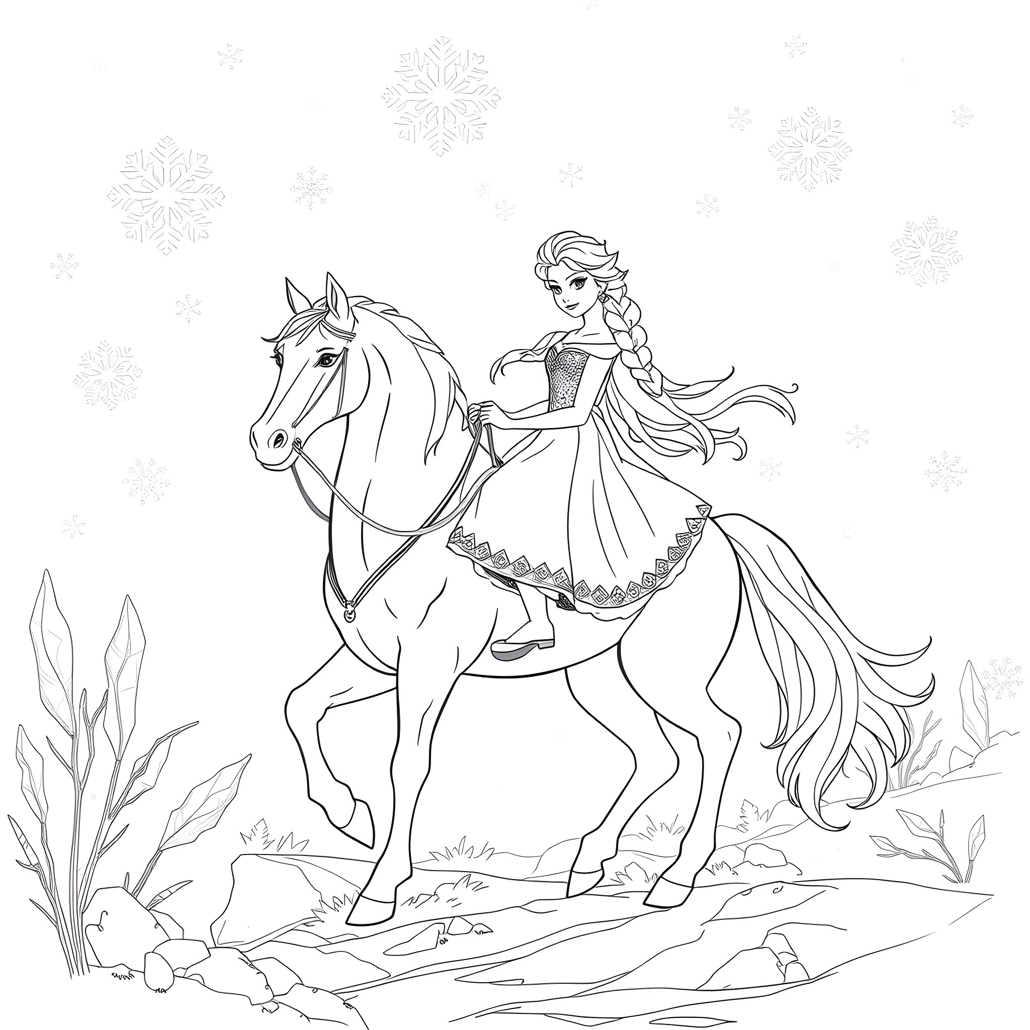Elsa riding her horse in a winter wonderland Coloring Page (free black-and-white line drawing printable PDF for all, from beginners to advanced learners, including children, teens, adults, and seniors)