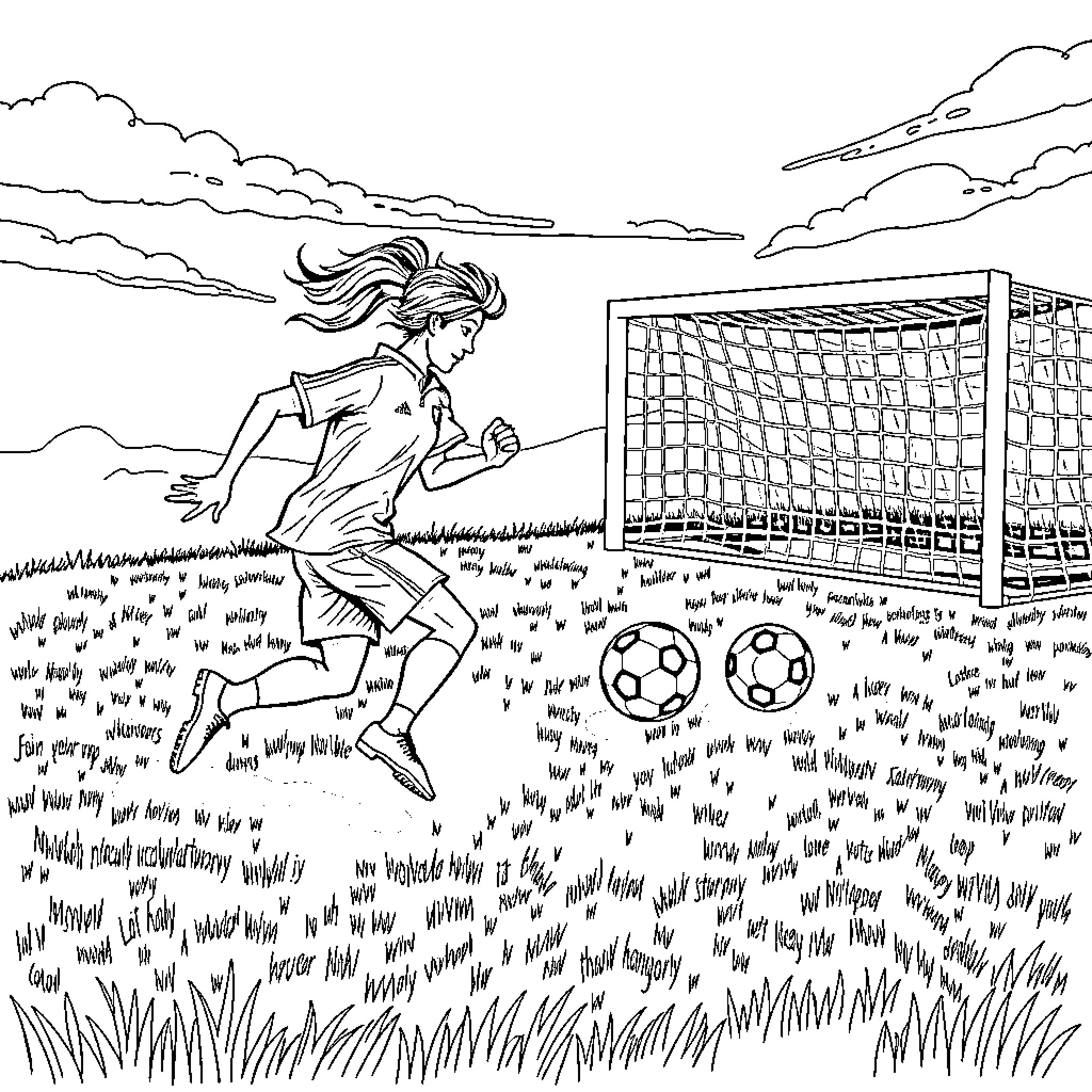 Soccer player dribbling on the field Coloring Page (free black-and-white line drawing printable PDF for all, from beginners to advanced learners, including children, teens, adults, and seniors)