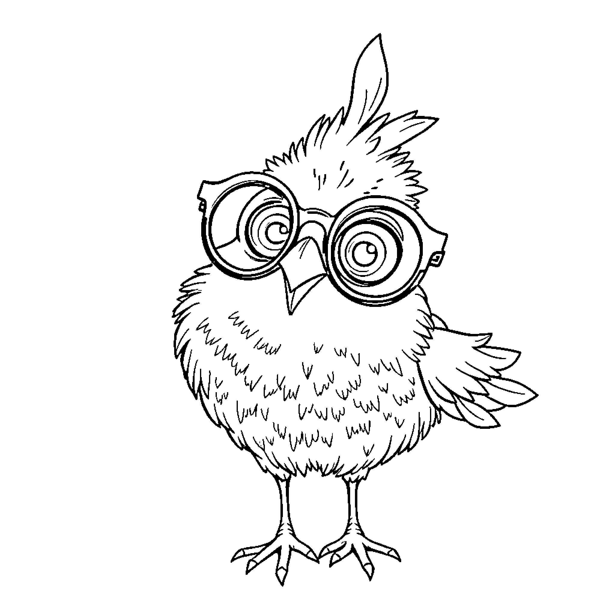 Ciclope the Curious Owl with Glasses Coloring Page (free black-and-white line drawing printable PDF for all, from beginners to advanced learners, including children, teens, adults, and seniors)