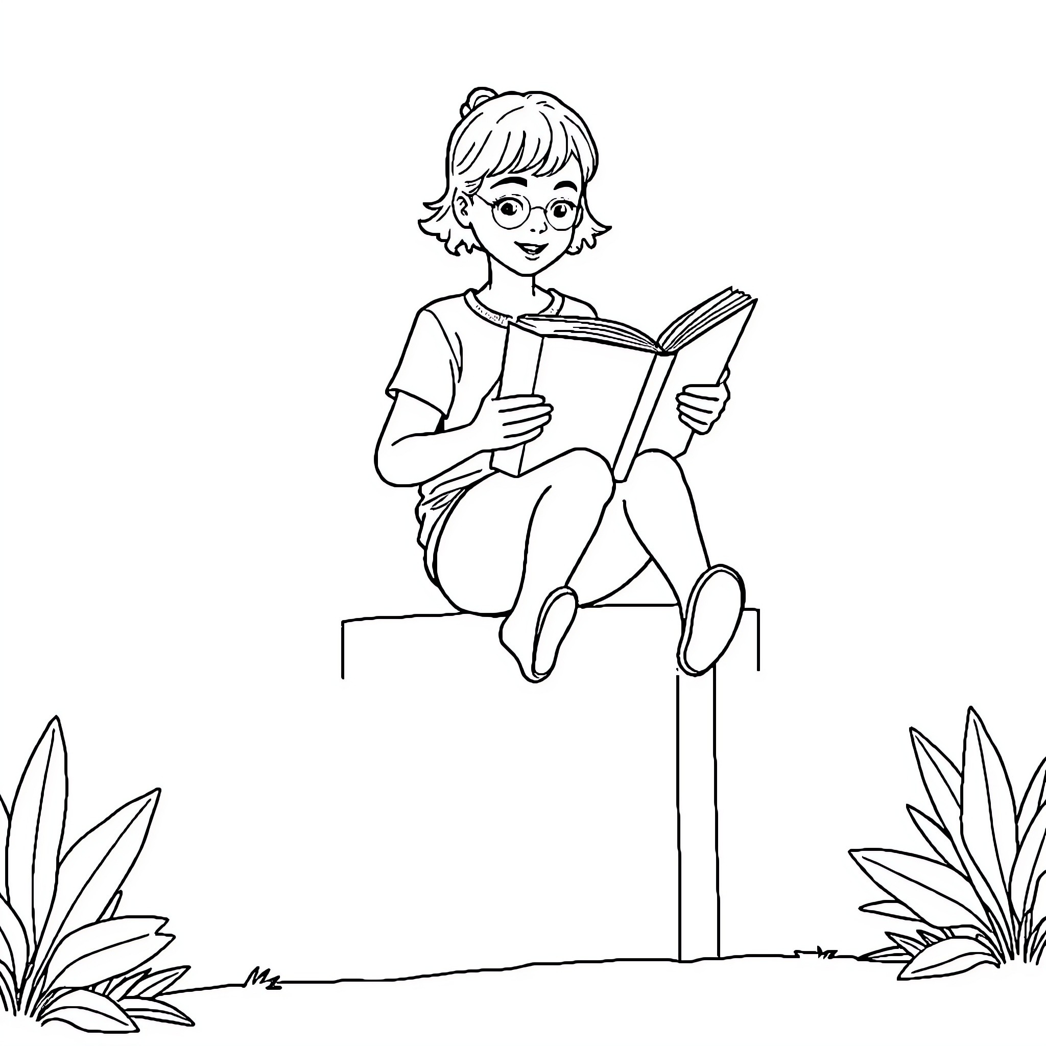 Teenager reading a book outdoors Coloring Page (free black-and-white line drawing printable PDF for all, from beginners to advanced learners, including children, teens, adults, and seniors)