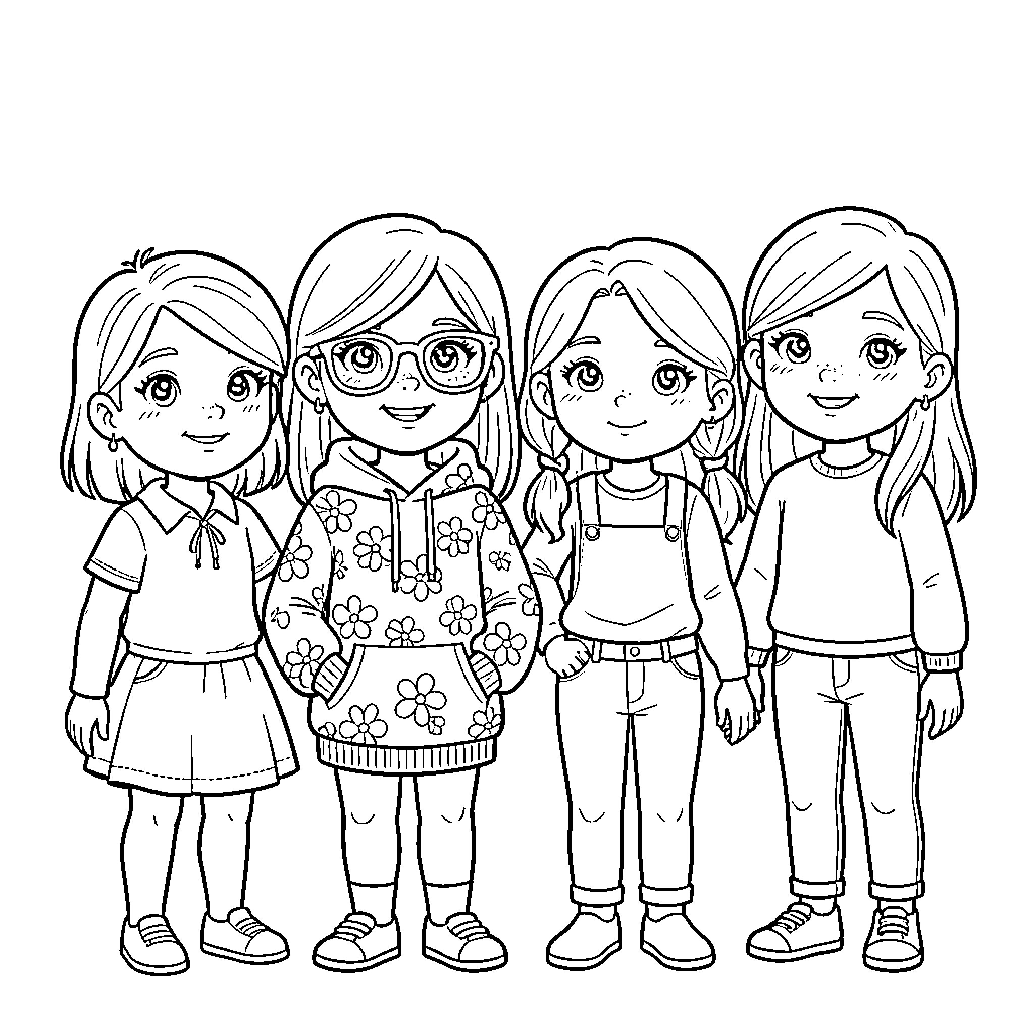 Fille friends enjoying a day together Coloring Page (free black-and-white line drawing printable PDF for all, from beginners to advanced learners, including children, teens, adults, and seniors)
