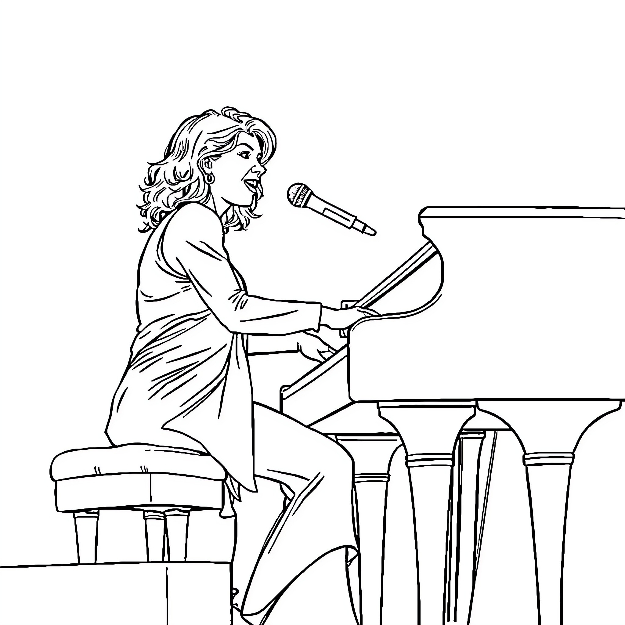 Veronique Sanson performing at the piano Coloring Page (free black-and-white line drawing printable PDF for all, from beginners to advanced learners, including children, teens, adults, and seniors)