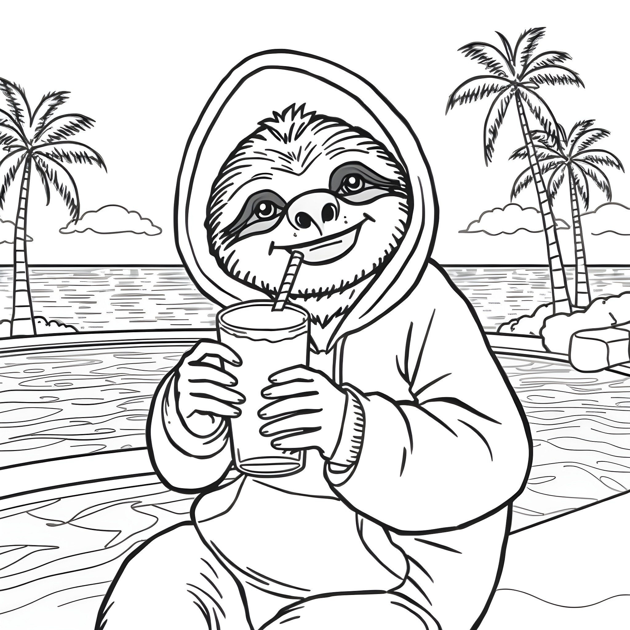 Sloth enjoying a tropical beverage on the beach Coloring Page (free black-and-white line drawing printable PDF for all, from beginners to advanced learners, including children, teens, adults, and seniors)