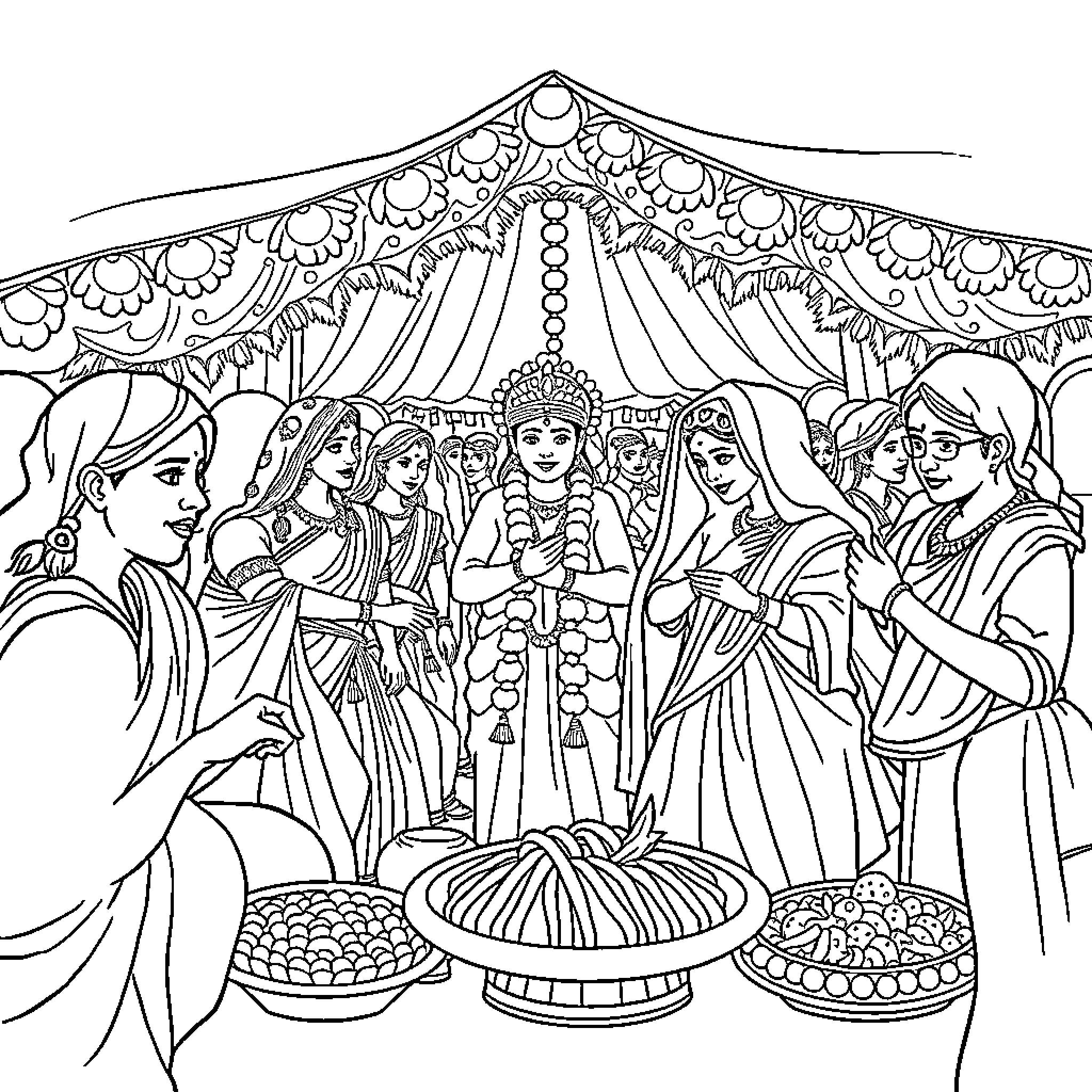 Indian Celebration of Tradition and Culture Coloring Page (free black-and-white line drawing printable PDF for all, from beginners to advanced learners, including children, teens, adults, and seniors)