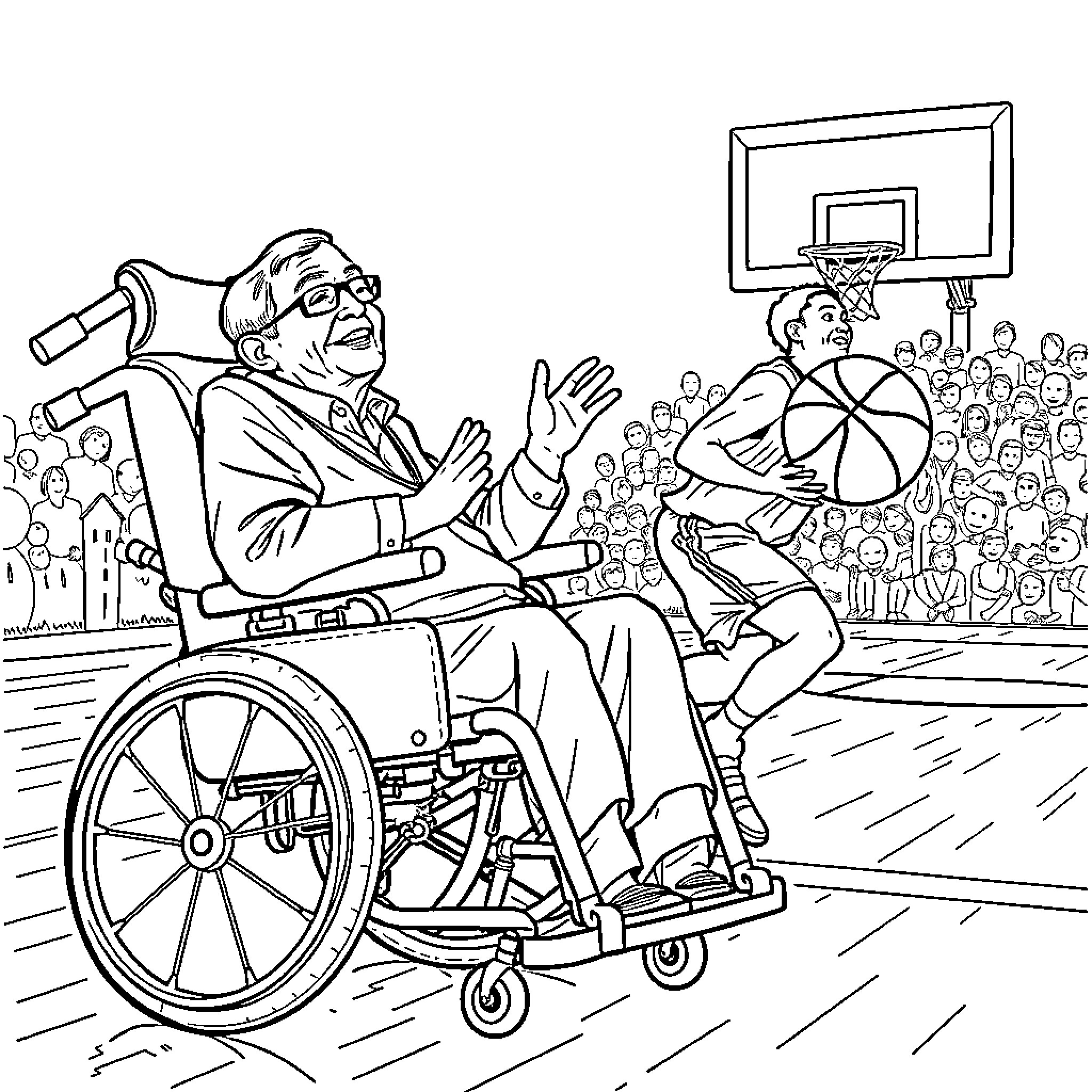 Stephen Hawking Inspires Basketball Game Coloring Page (free black-and-white line drawing printable PDF for all, from beginners to advanced learners, including children, teens, adults, and seniors)