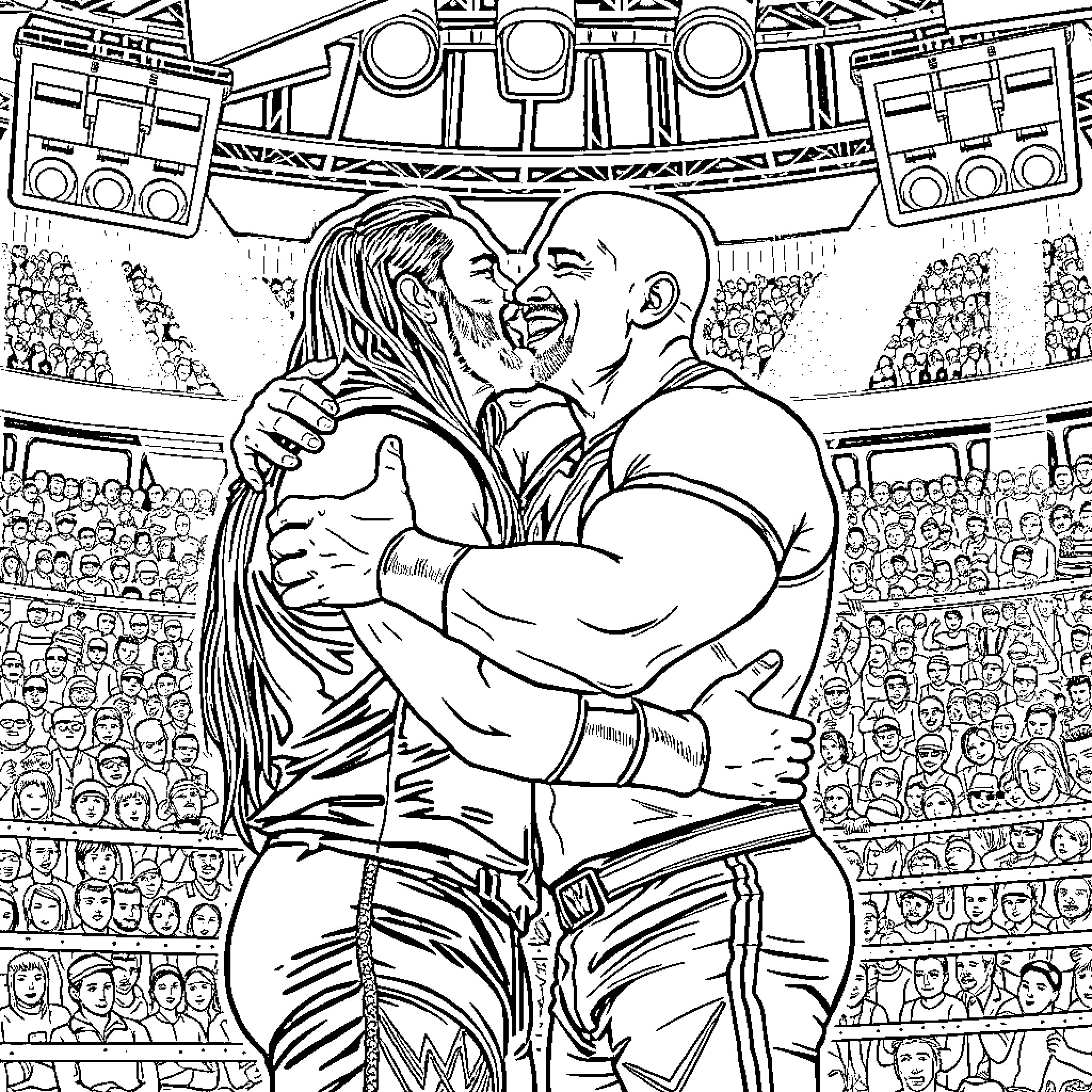 Roman Reigns in an Intense Wrestling Confrontation Coloring Page (free black-and-white line drawing printable PDF for all, from beginners to advanced learners, including children, teens, adults, and seniors)