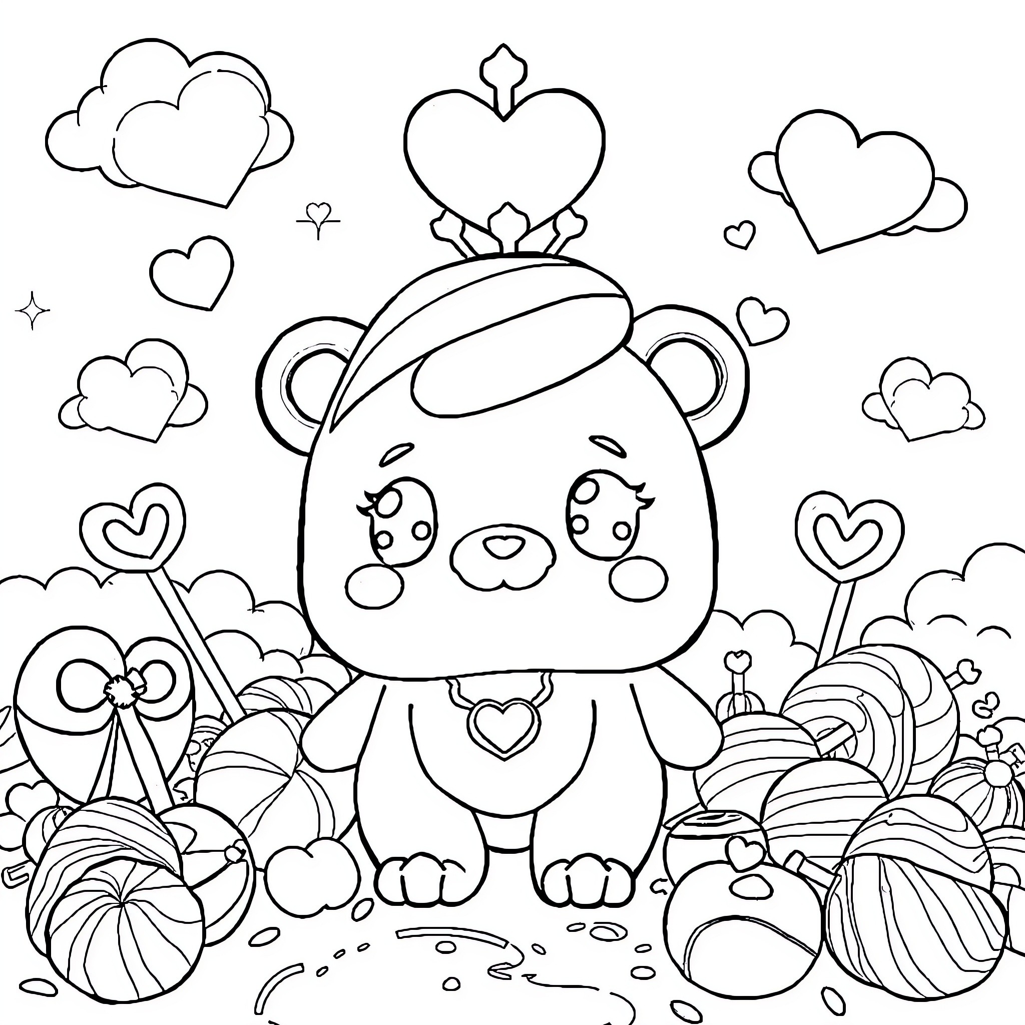 Labubu in a whimsical heart-filled landscape Coloring Page (free black-and-white line drawing printable PDF for all, from beginners to advanced learners, including children, teens, adults, and seniors)