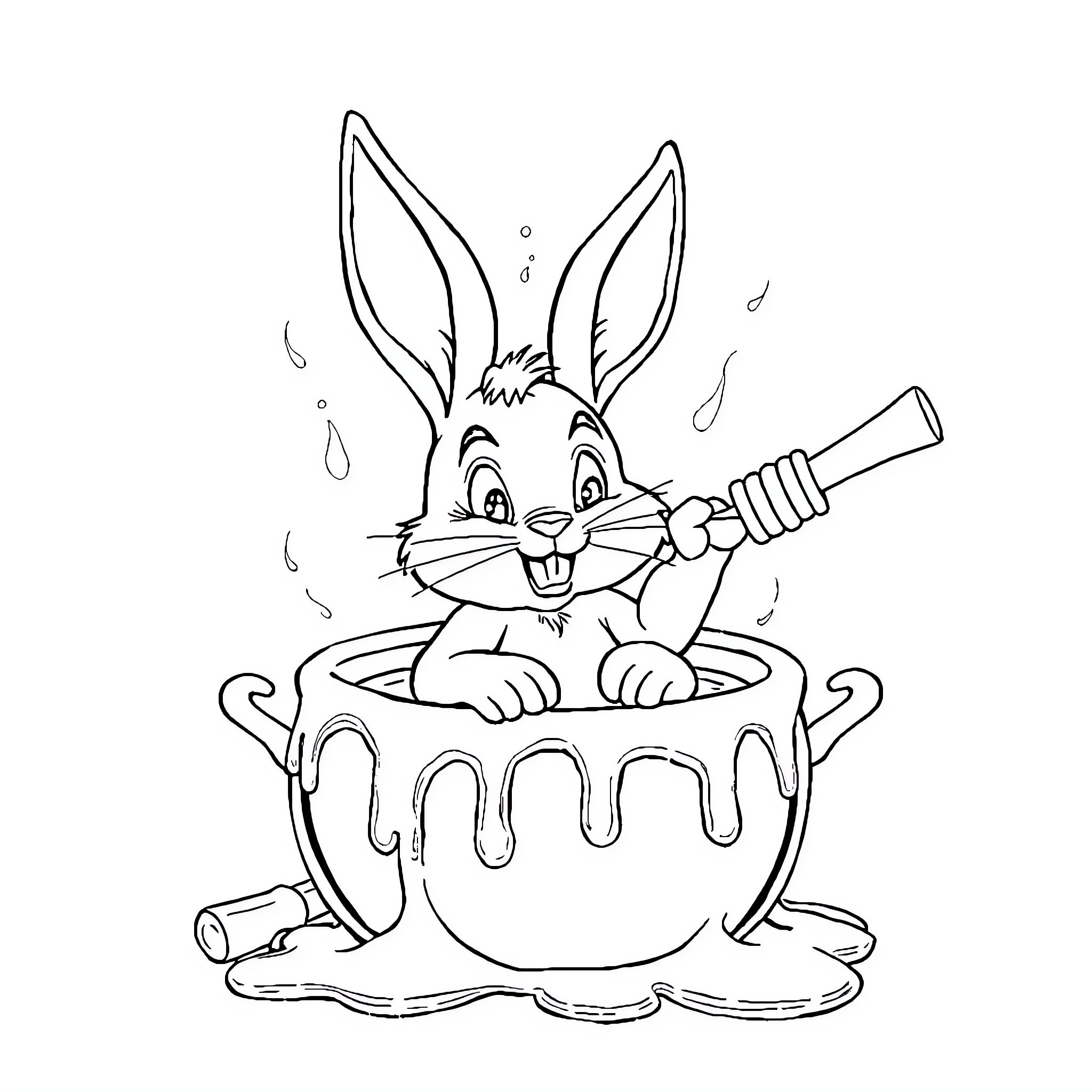 Bunny taking a bath in a big teacup Coloring Page (free black-and-white line drawing printable PDF for all, from beginners to advanced learners, including children, teens, adults, and seniors)