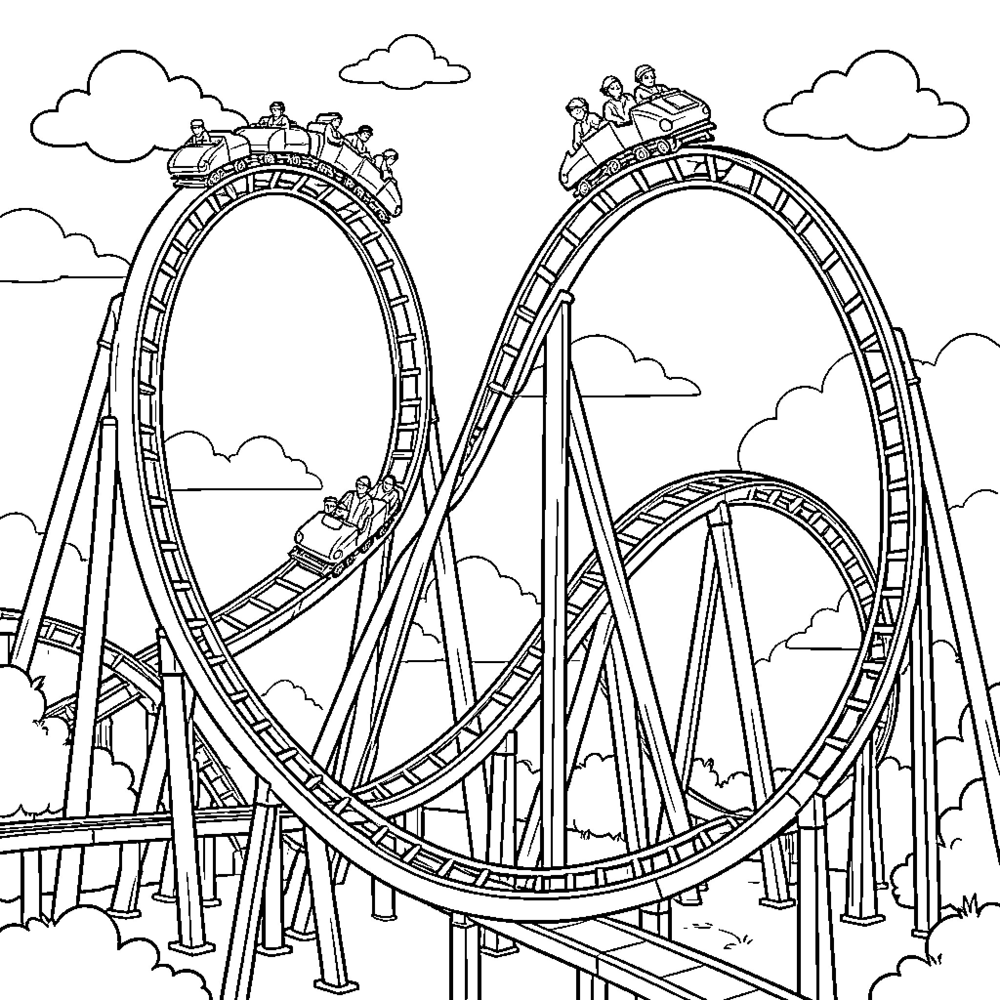 Roller Coaster carrying people through loops and turns Coloring Page (free black-and-white line drawing printable PDF for all, from beginners to advanced learners, including children, teens, adults, and seniors)