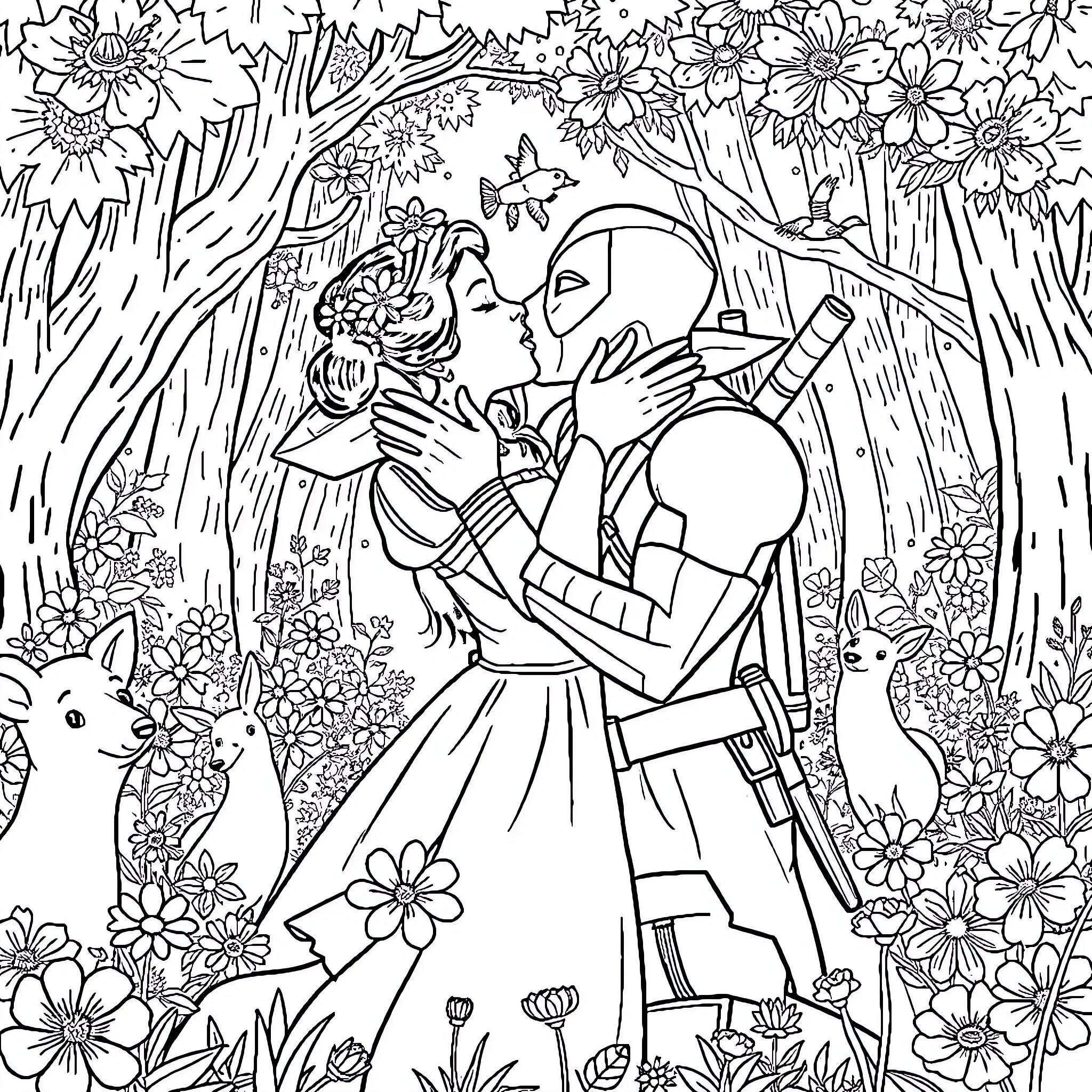 Deadpool shares a romantic moment with flower maiden in enchanted forest Coloring Page (free black-and-white line drawing printable PDF for all, from beginners to advanced learners, including children, teens, adults, and seniors)