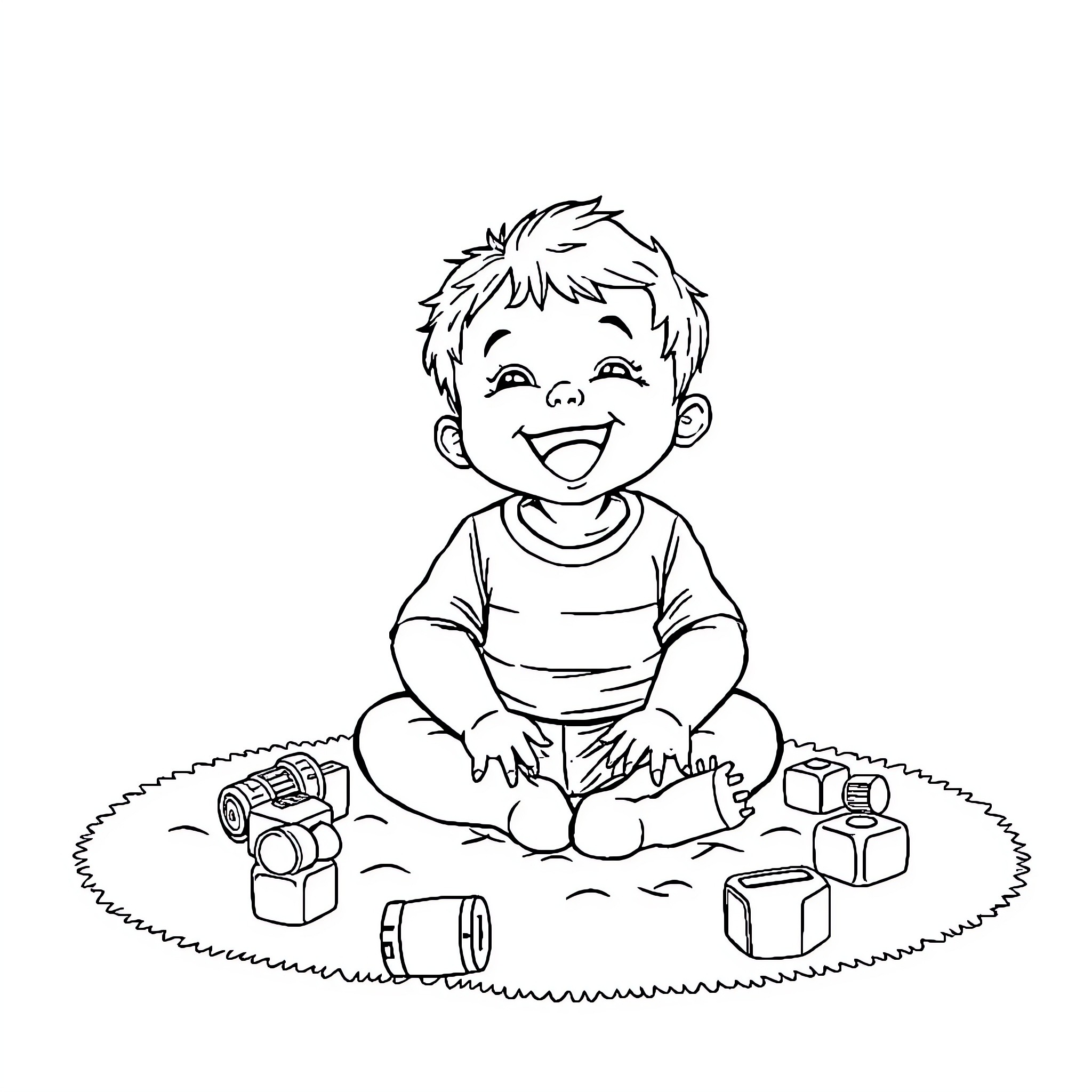 Baby Boy Playing Happily with Toys on the Grass Coloring Page (free black-and-white line drawing printable PDF for all, from beginners to advanced learners, including children, teens, adults, and seniors)