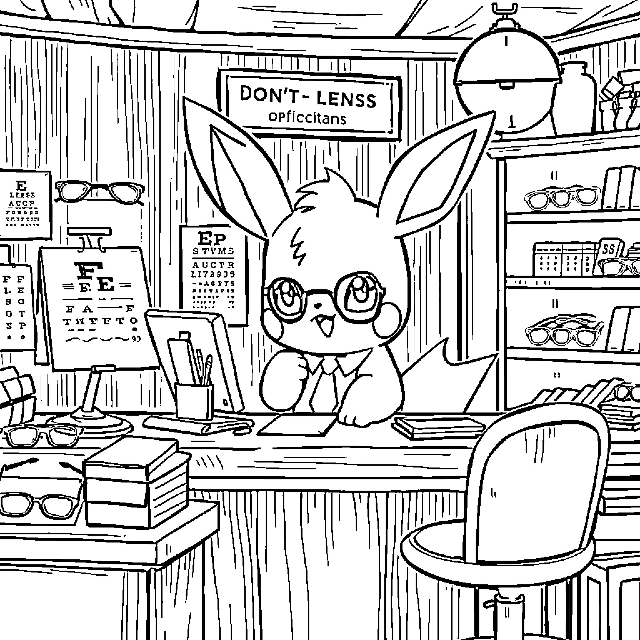 Pokémon optician's shop with adorable character Coloring Page (free black-and-white line drawing printable PDF for all, from beginners to advanced learners, including children, teens, adults, and seniors)