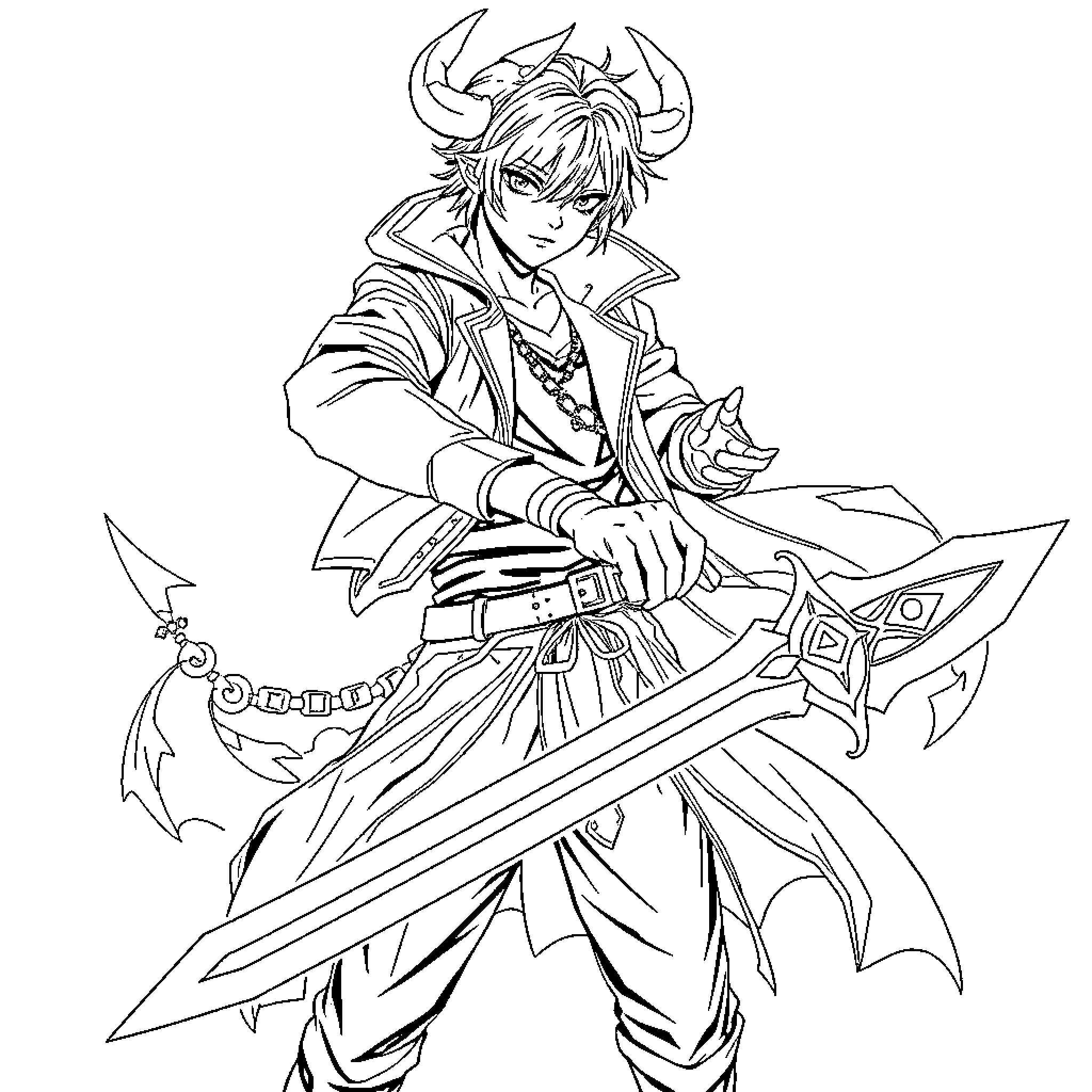 Kpop Demon Hunter wielding sword and combat stance Coloring Page (free black-and-white line drawing printable PDF for all, from beginners to advanced learners, including children, teens, adults, and seniors)