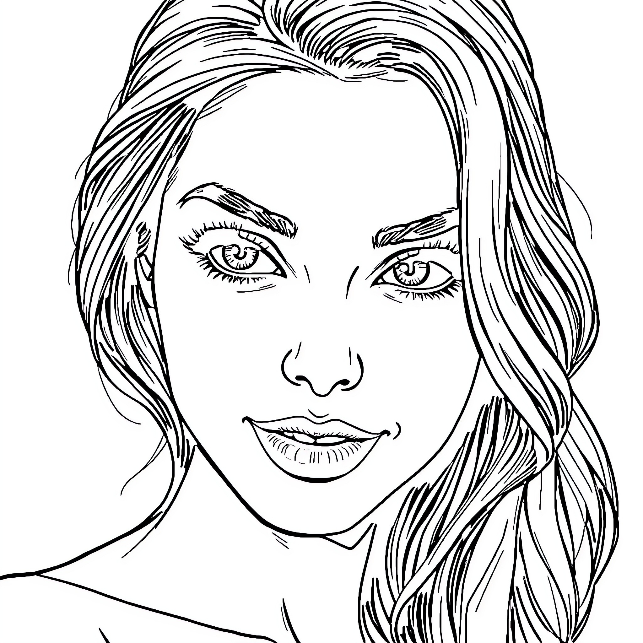Woman with captivating expression and flowing hair Coloring Page (free black-and-white line drawing printable PDF for all, from beginners to advanced learners, including children, teens, adults, and seniors)