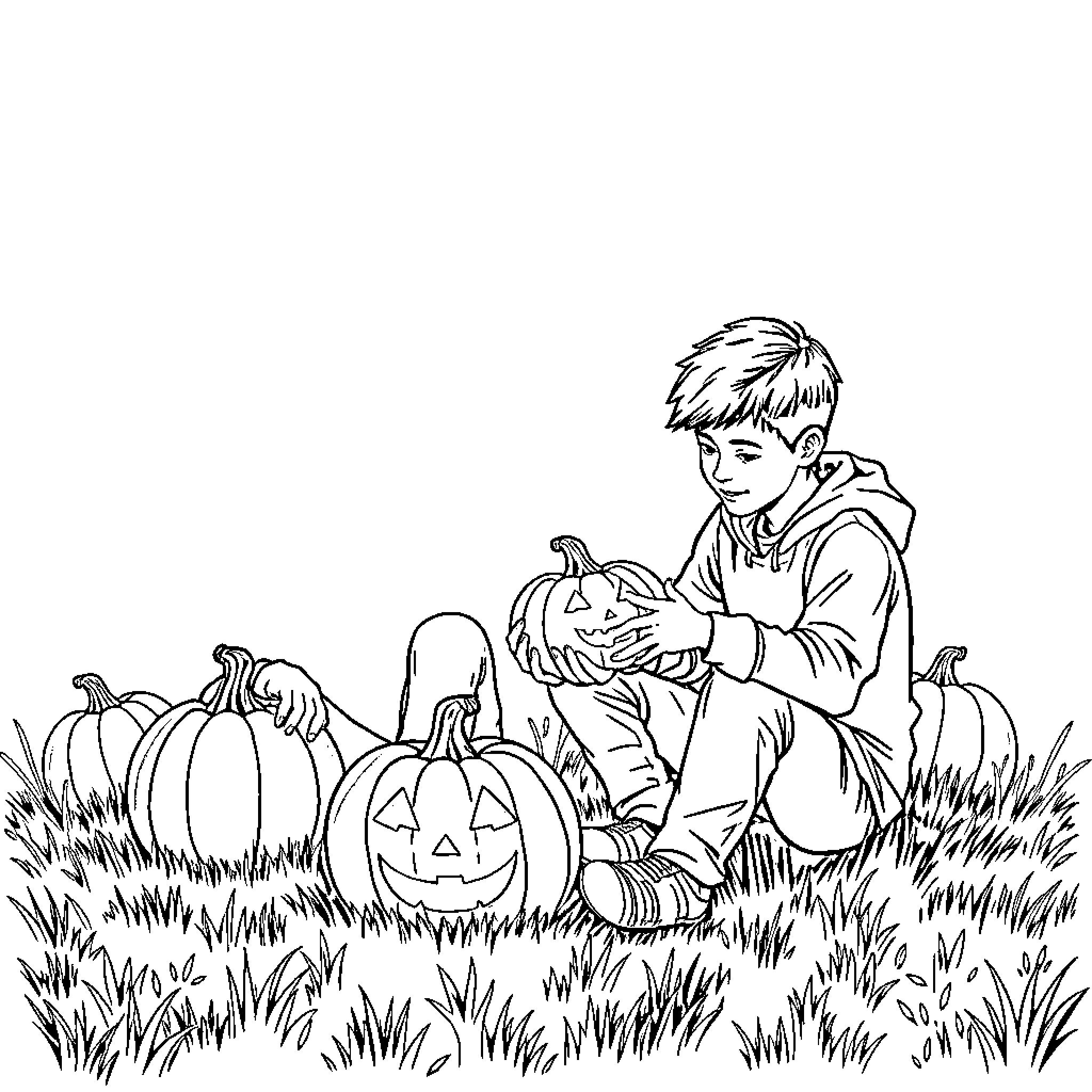 Boy Carving Jack-O'-Lanterns in Autumn Field Coloring Page (free black-and-white line drawing printable PDF for all, from beginners to advanced learners, including children, teens, adults, and seniors)