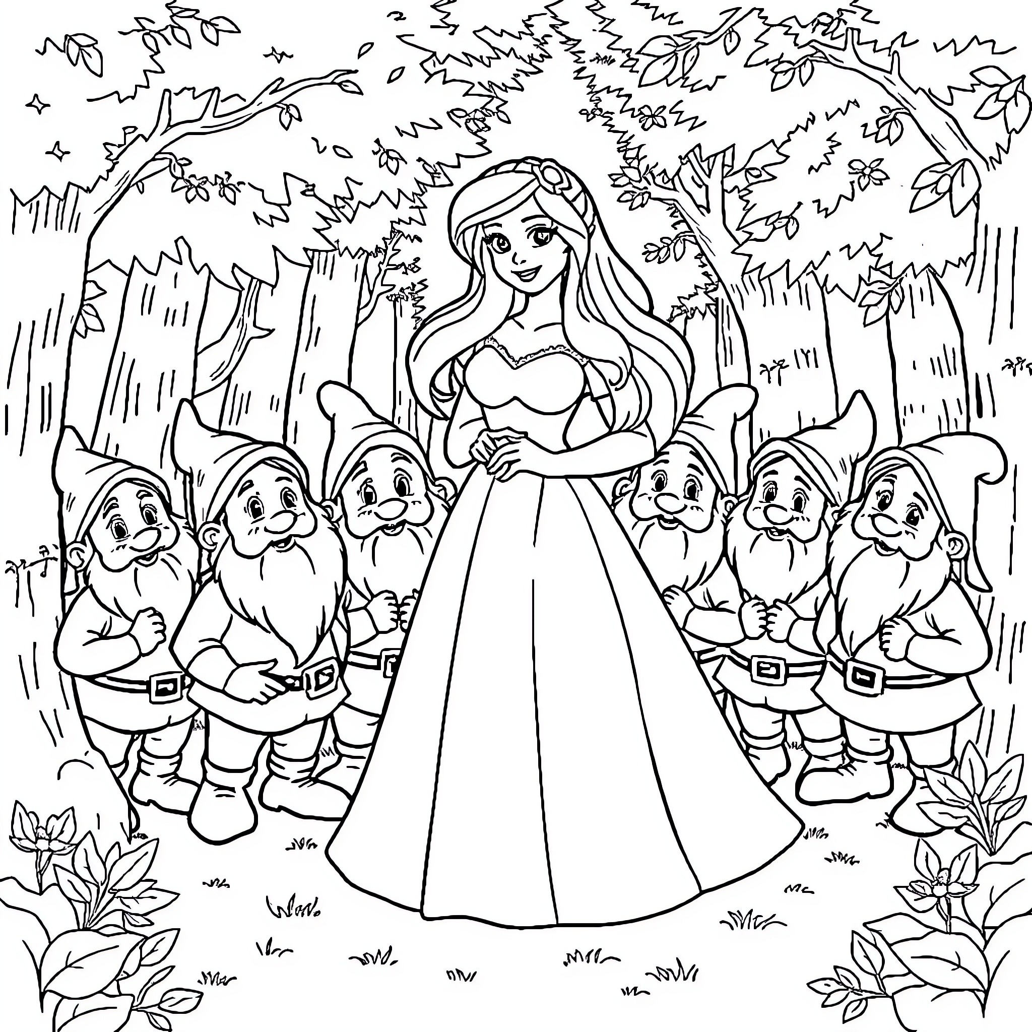 Snow White in the Enchanted Forest with Dwarfs Coloring Page (free black-and-white line drawing printable PDF for all, from beginners to advanced learners, including children, teens, adults, and seniors)