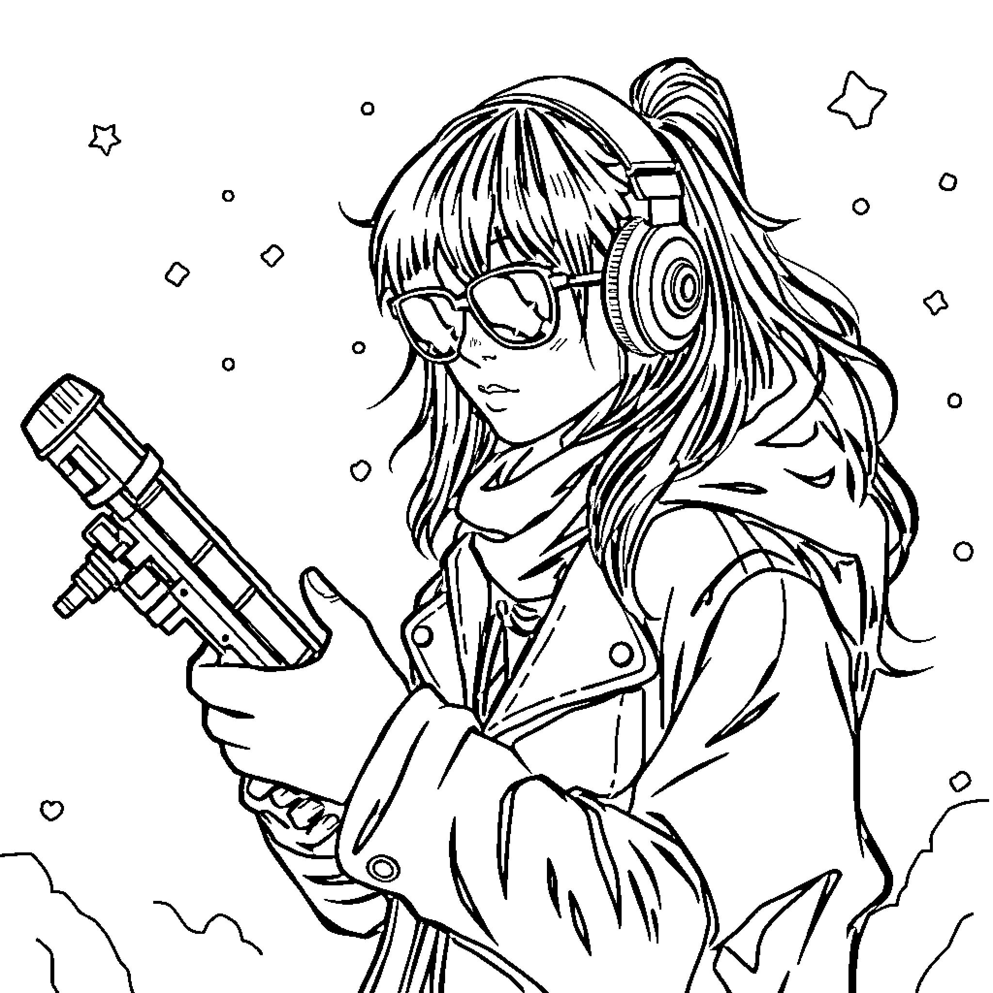 K-pop Hunter with Futuristic Headphones and Blaster Coloring Page (free black-and-white line drawing printable PDF for all, from beginners to advanced learners, including children, teens, adults, and seniors)