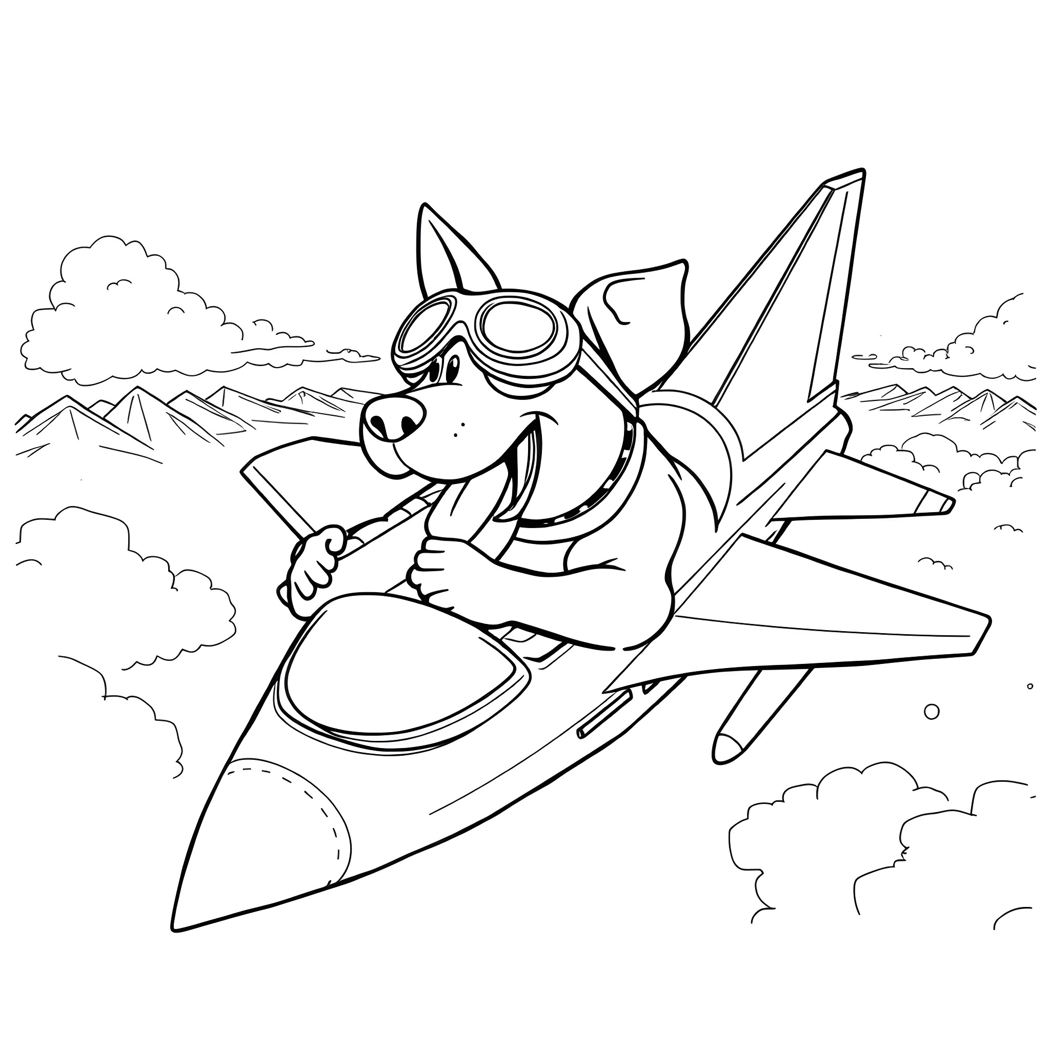 Dog flying jet aircraft in mountainous landscape Coloring Page (free black-and-white line drawing printable PDF for all, from beginners to advanced learners, including children, teens, adults, and seniors)