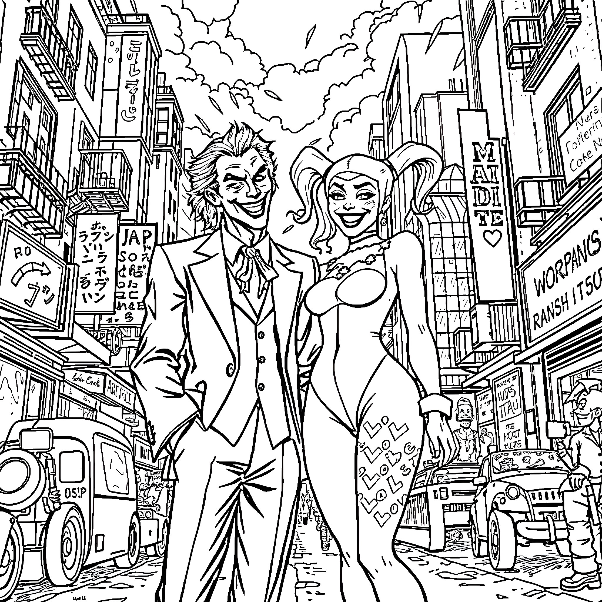Joker and Harley Quinn in a Chaotic City Scene Coloring Page (free black-and-white line drawing printable PDF for all, from beginners to advanced learners, including children, teens, adults, and seniors)