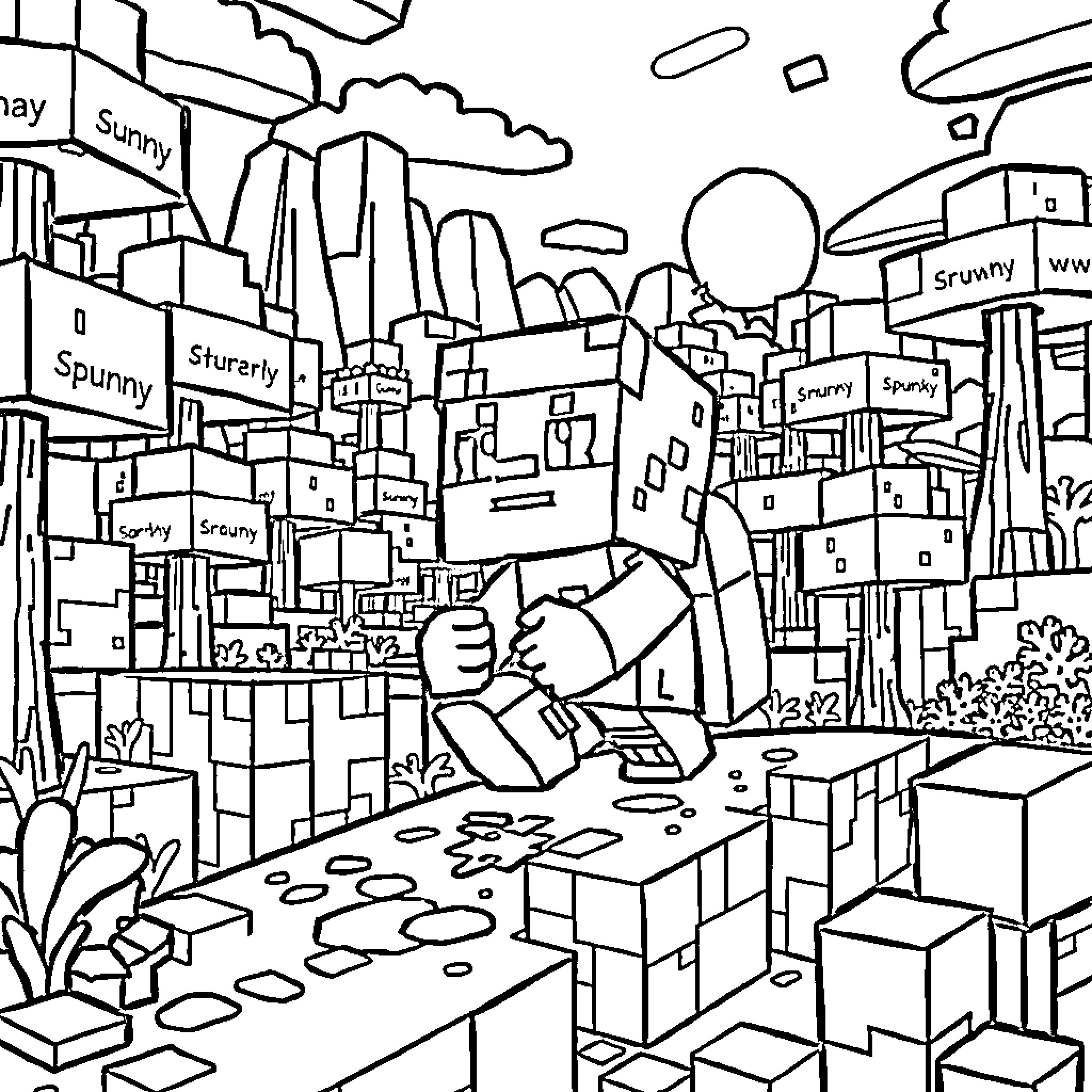 Sprunky Cubey Adventures in the City Coloring Page (free black-and-white line drawing printable PDF for all, from beginners to advanced learners, including children, teens, adults, and seniors)