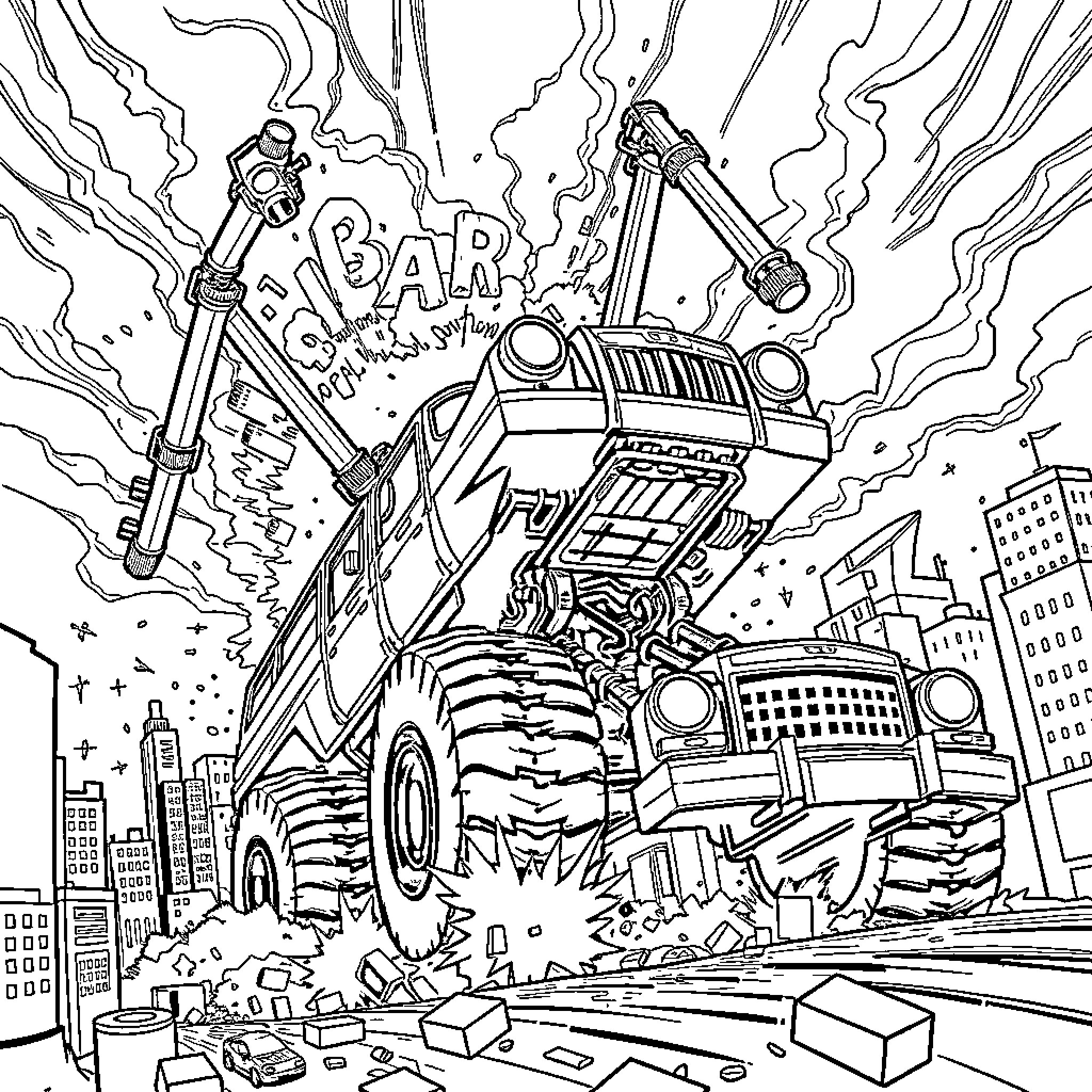 Car destroying buildings and causing chaos in the city Coloring Page (free black-and-white line drawing printable PDF for all, from beginners to advanced learners, including children, teens, adults, and seniors)