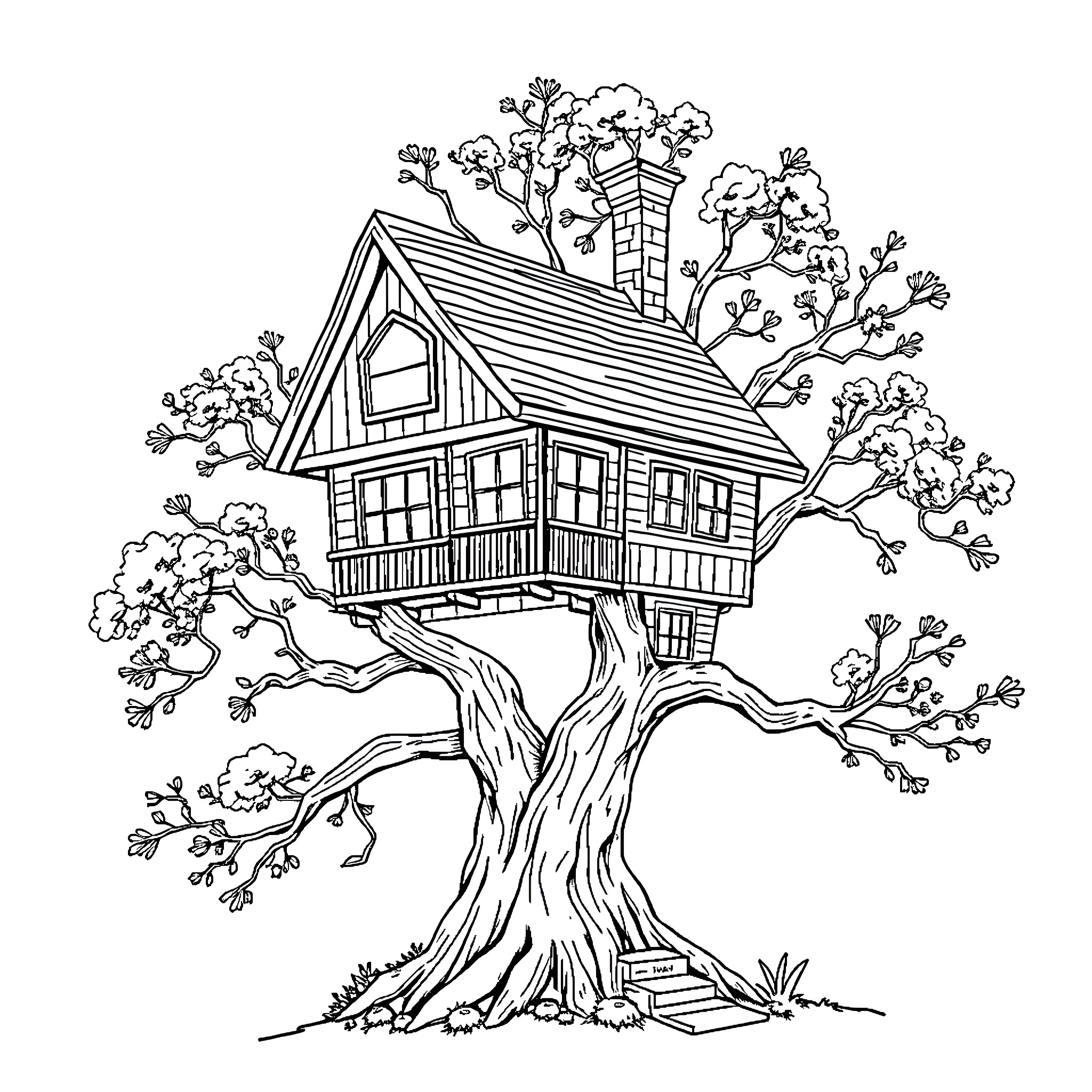 Tree House with Floral Surroundings Coloring Page (free black-and-white line drawing printable PDF for all, from beginners to advanced learners, including children, teens, adults, and seniors)