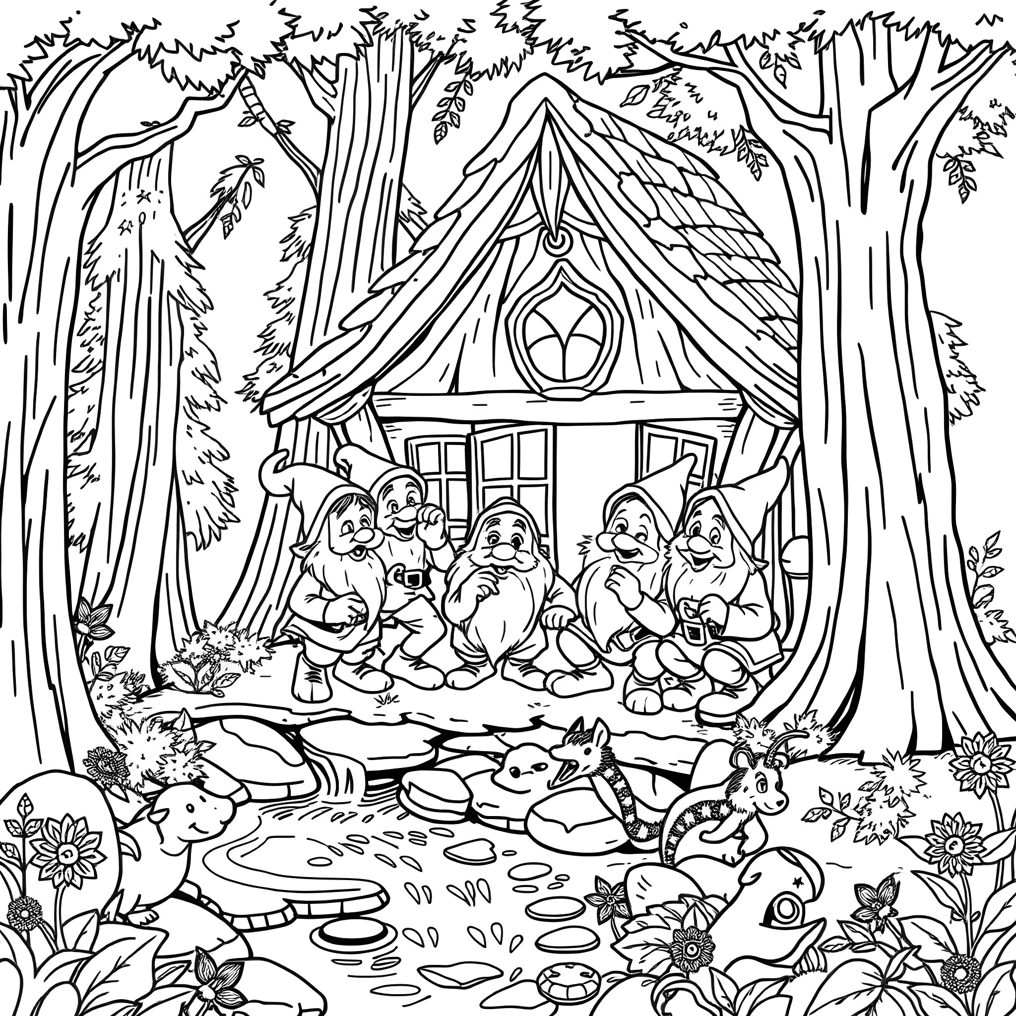 Dwarf woodland creatures enjoying a cozy cabin retreat Coloring Page (free black-and-white line drawing printable PDF for all, from beginners to advanced learners, including children, teens, adults, and seniors)