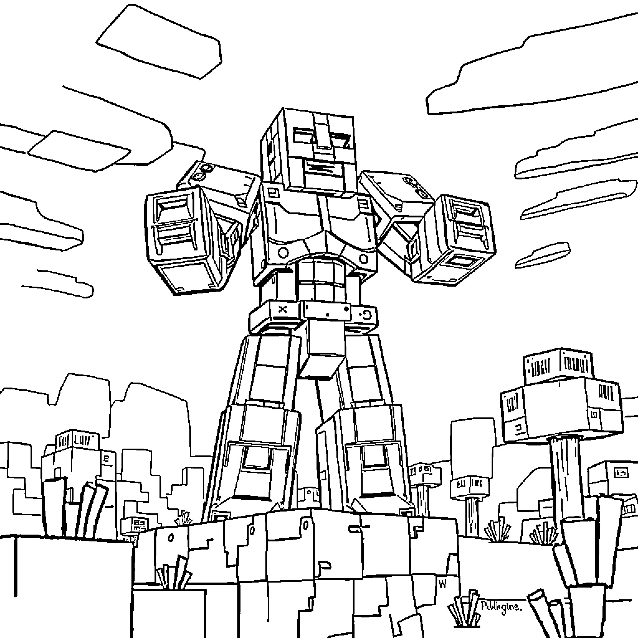 Iron Golem standing tall in the city Coloring Page (free black-and-white line drawing printable PDF for all, from beginners to advanced learners, including children, teens, adults, and seniors)