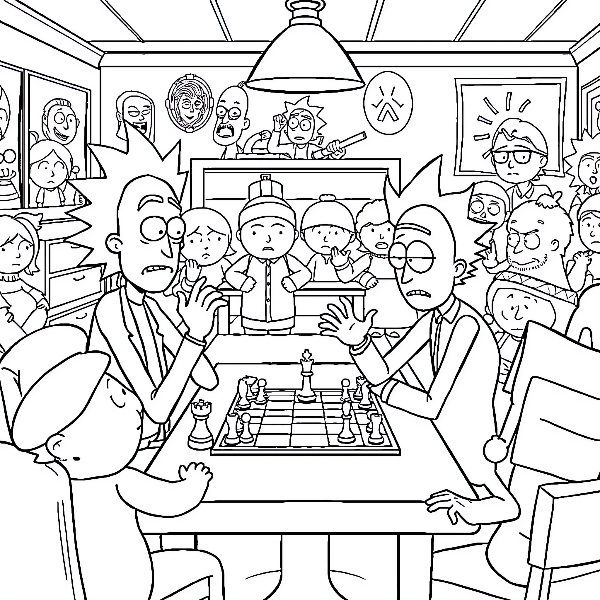 Rick And Morty Playing Chess with Animated Characters Coloring Page (free black-and-white line drawing printable PDF for all, from beginners to advanced learners, including children, teens, adults, and seniors)