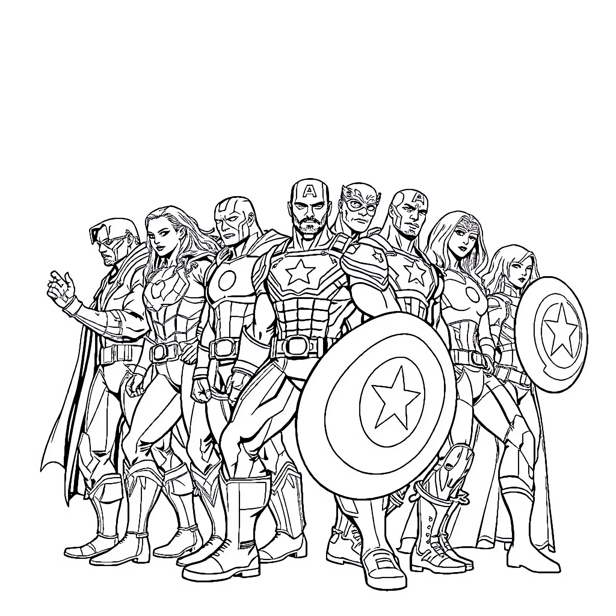 Avenger heroes united in action and defense Coloring Page (free black-and-white line drawing printable PDF for all, from beginners to advanced learners, including children, teens, adults, and seniors)