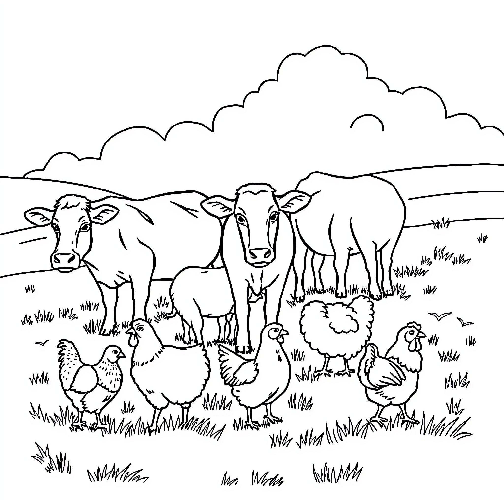 Farm Animal Herd Grazing in Pastoral Countryside Coloring Page (free black-and-white line drawing printable PDF for all, from beginners to advanced learners, including children, teens, adults, and seniors)