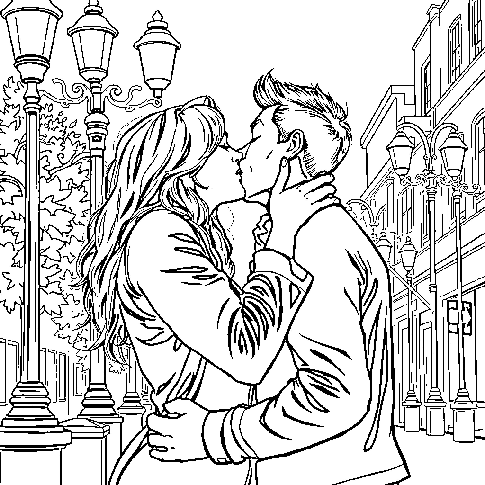 Lady embracing her lover in a romantic street scene Coloring Page (free black-and-white line drawing printable PDF for all, from beginners to advanced learners, including children, teens, adults, and seniors)