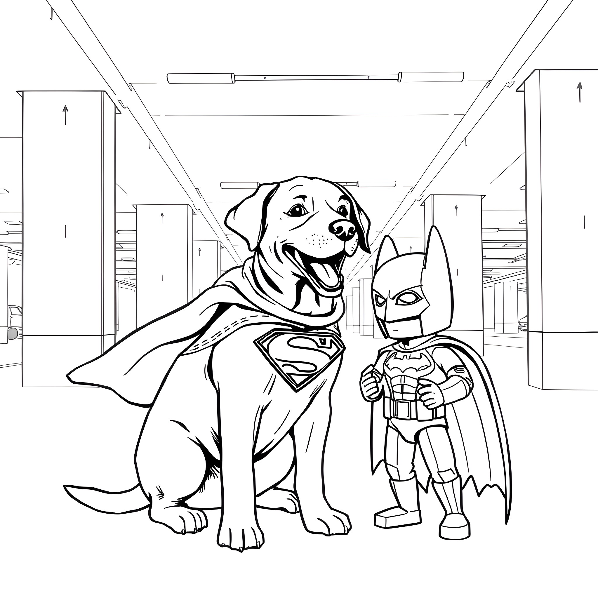 Labrador and Superhero Friends in the Library Coloring Page (free black-and-white line drawing printable PDF for all, from beginners to advanced learners, including children, teens, adults, and seniors)