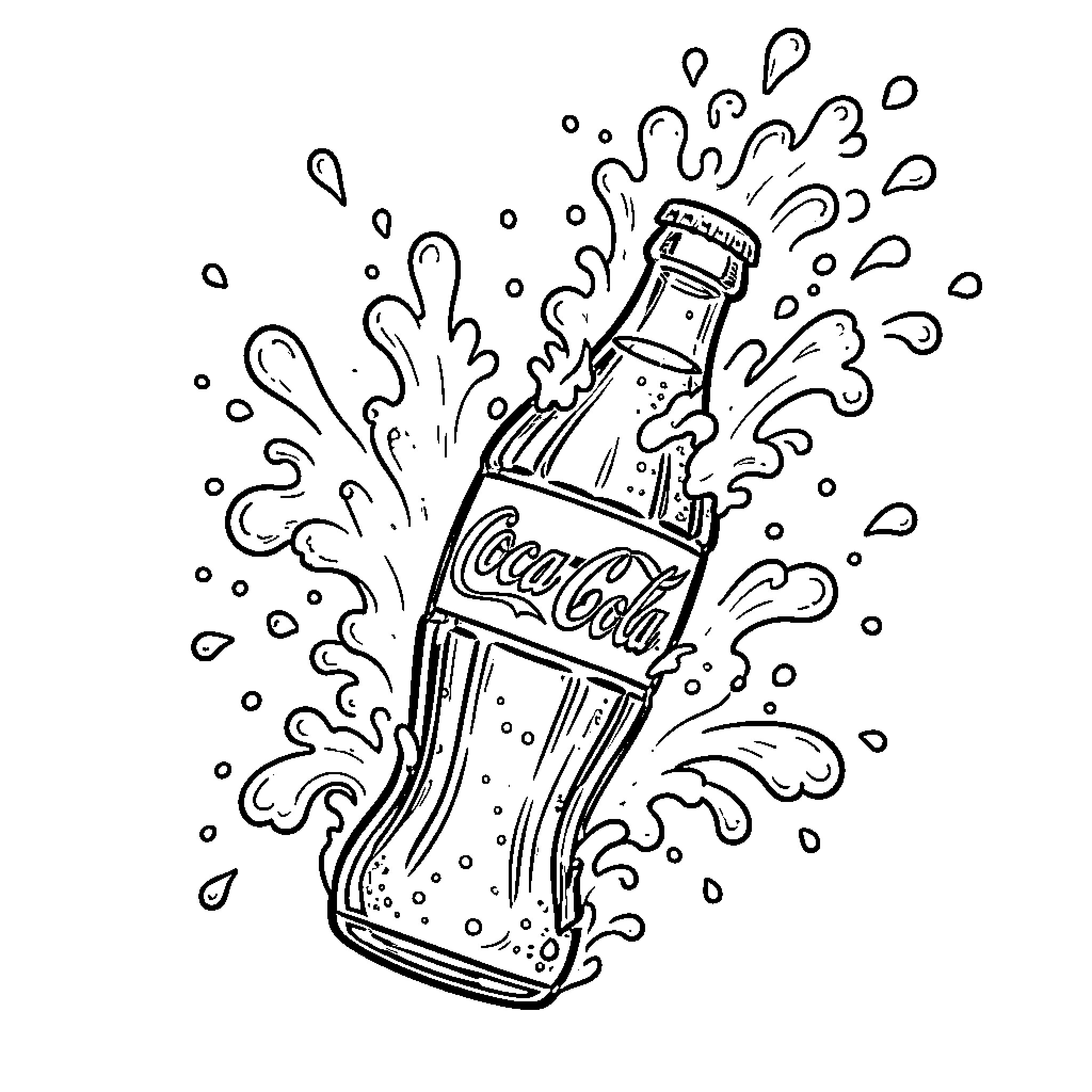 Coke bottle spilling and splashing with bubbles Coloring Page (free black-and-white line drawing printable PDF for all, from beginners to advanced learners, including children, teens, adults, and seniors)